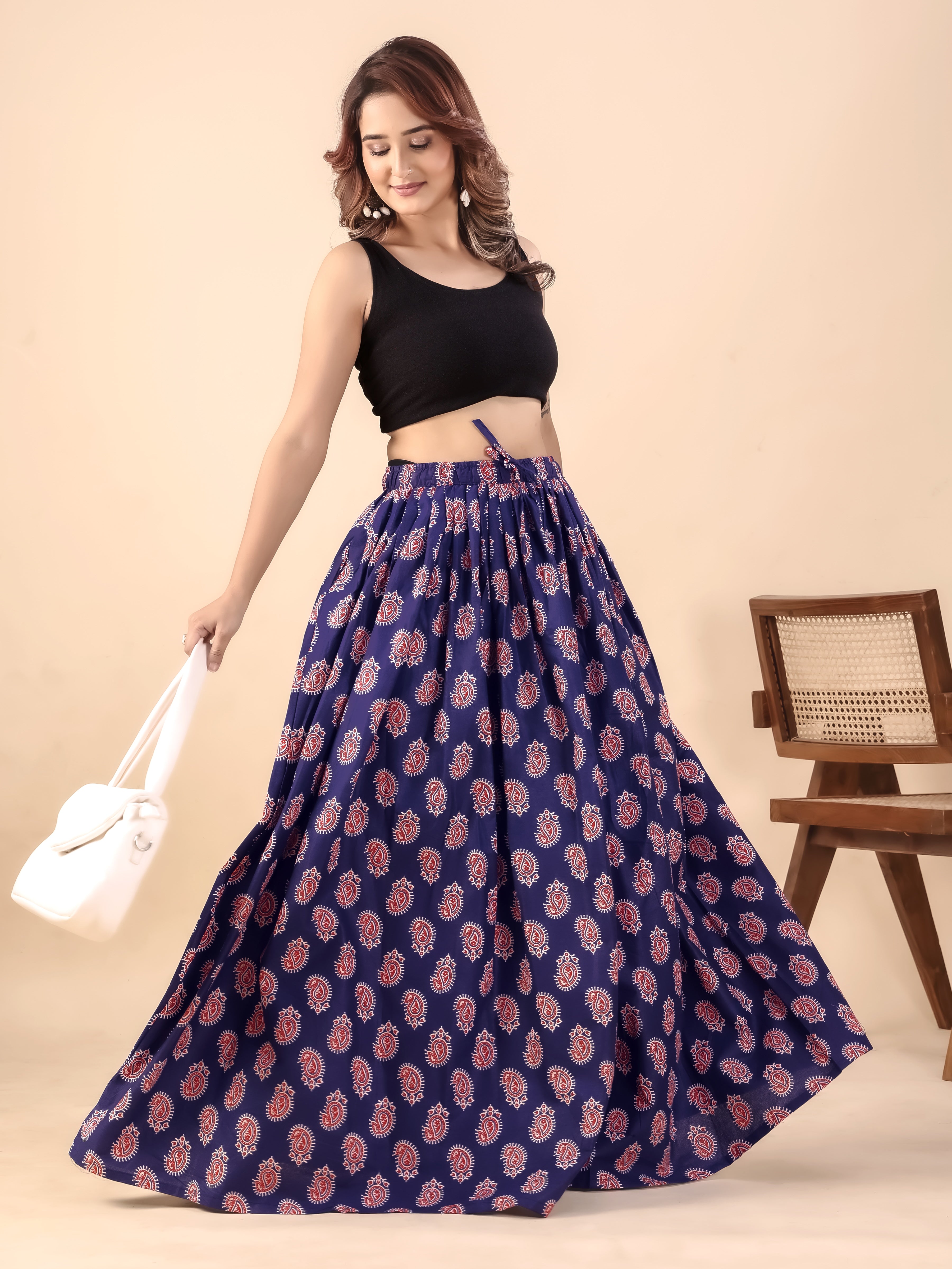 Navy Blue Paisley Printed Flared Skirt