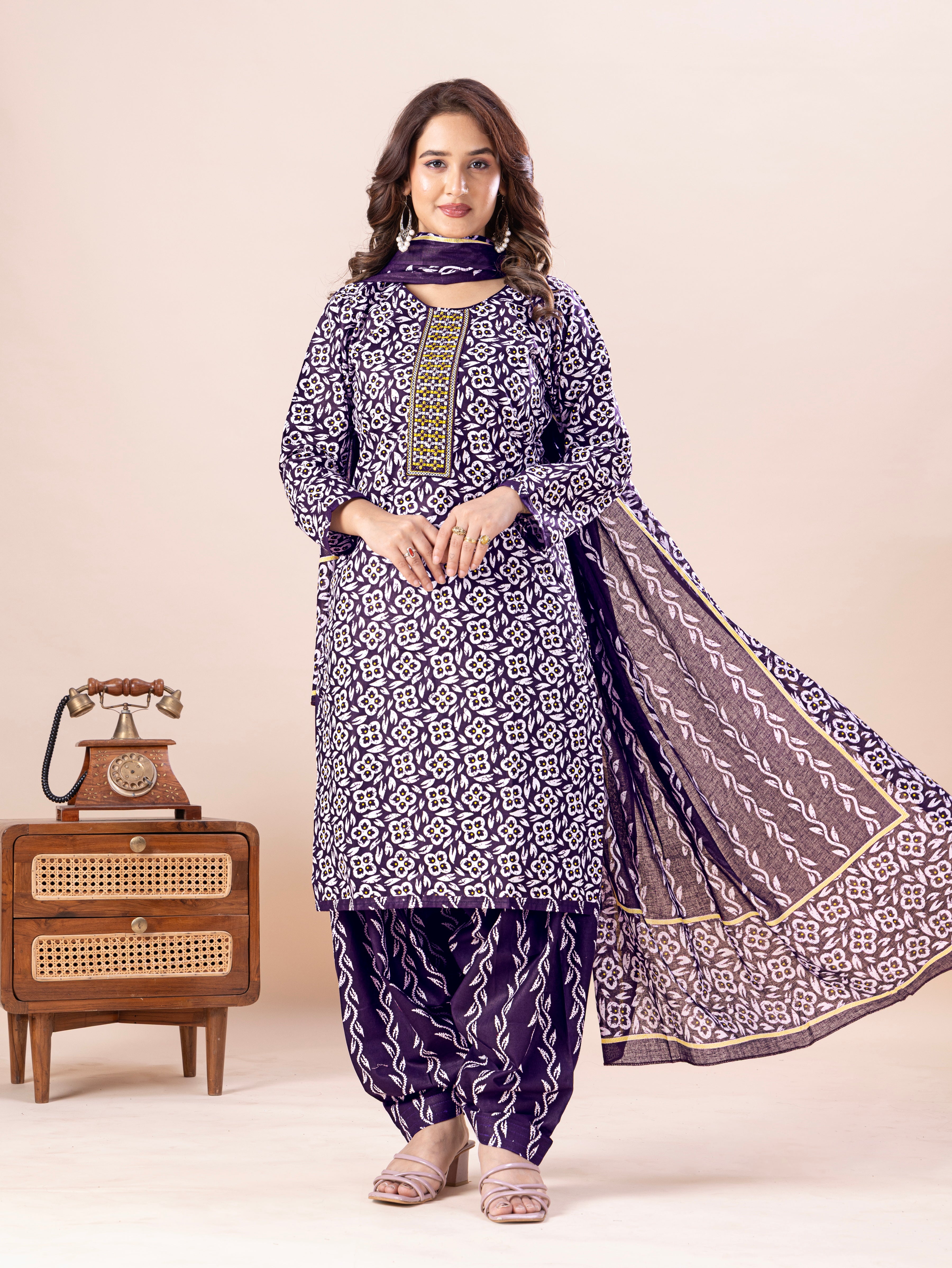 Navy Floral Print Patiala Suit Set