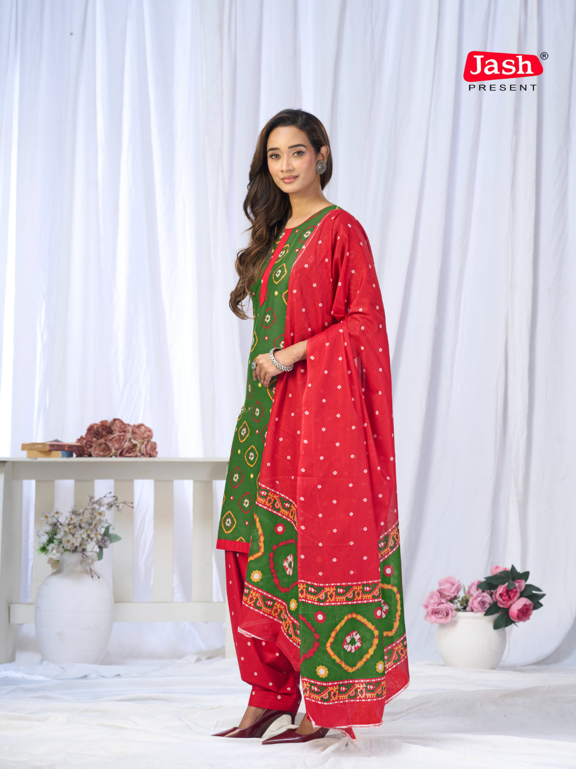 Green & Red Printed Patiala Suit Set with Dupatta