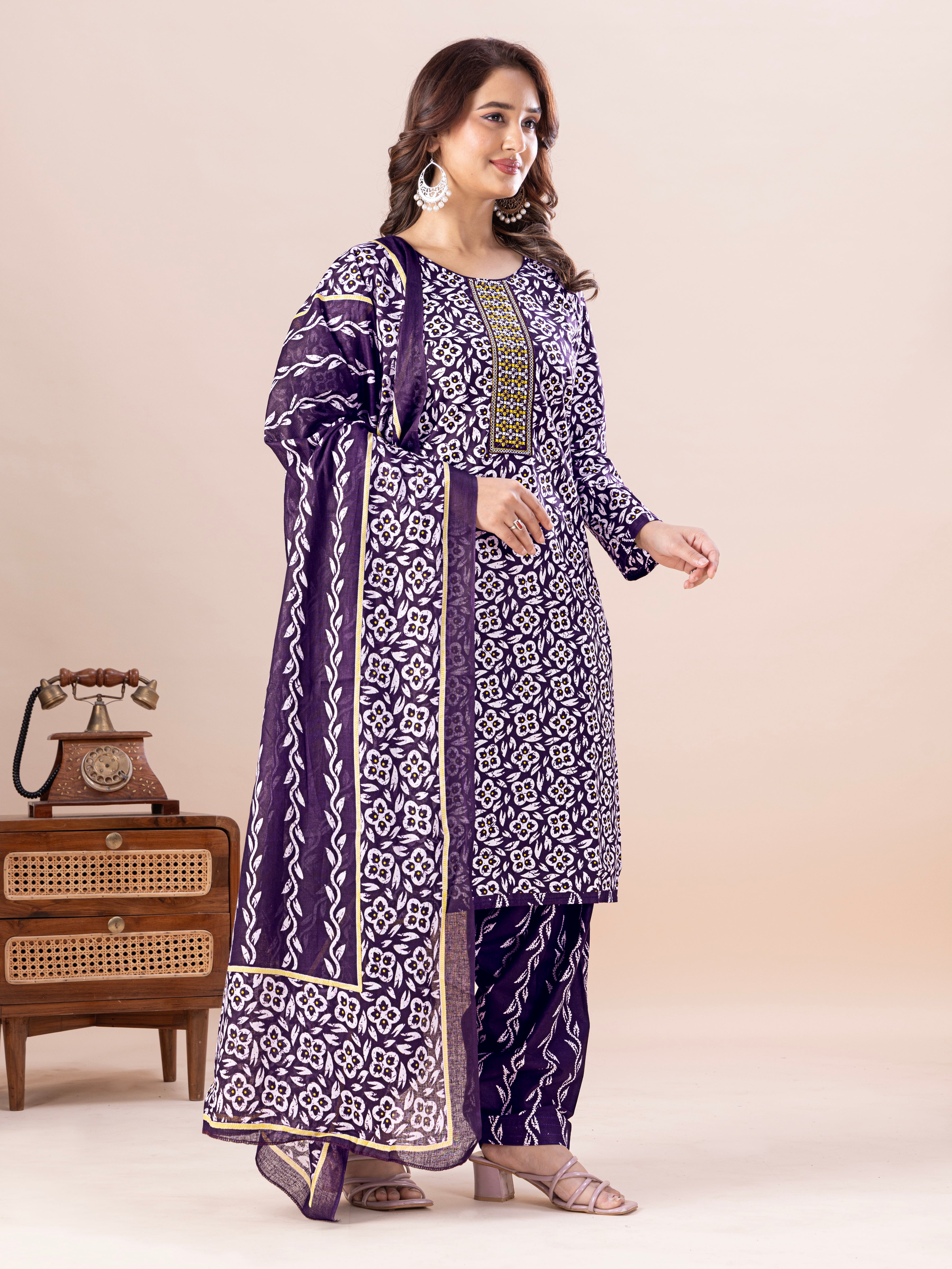 Navy Floral Print Patiala Suit Set