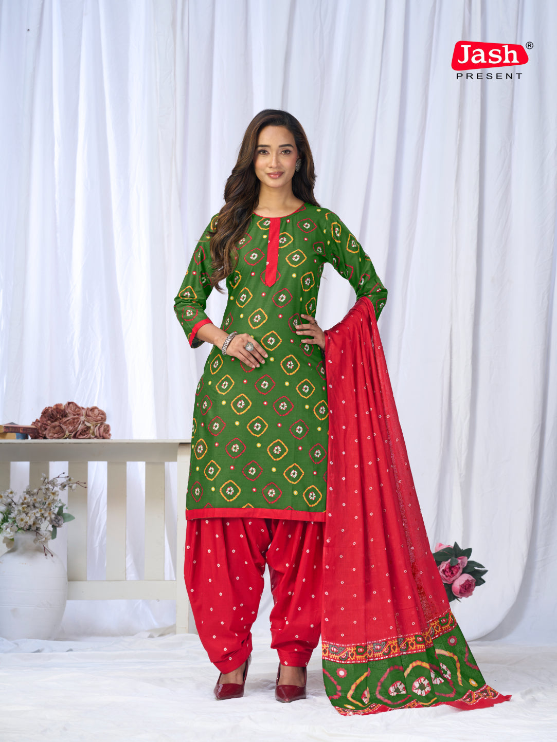 Green & Red Printed Patiala Suit Set with Dupatta