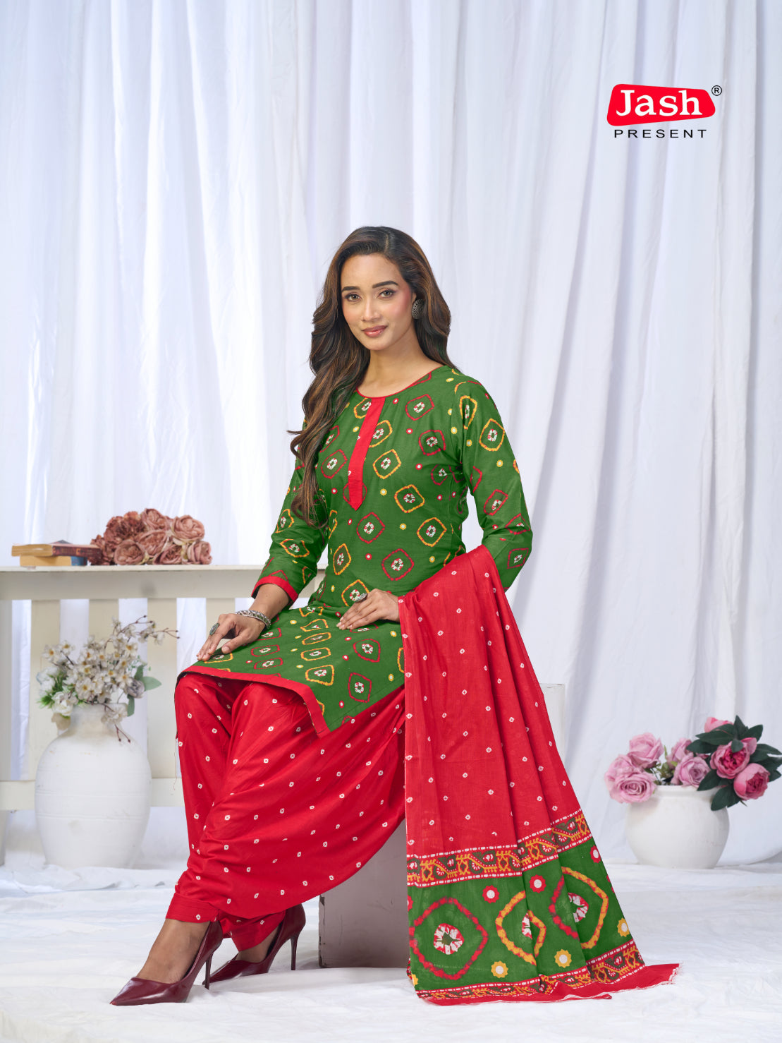 Green & Red Printed Patiala Suit Set with Dupatta