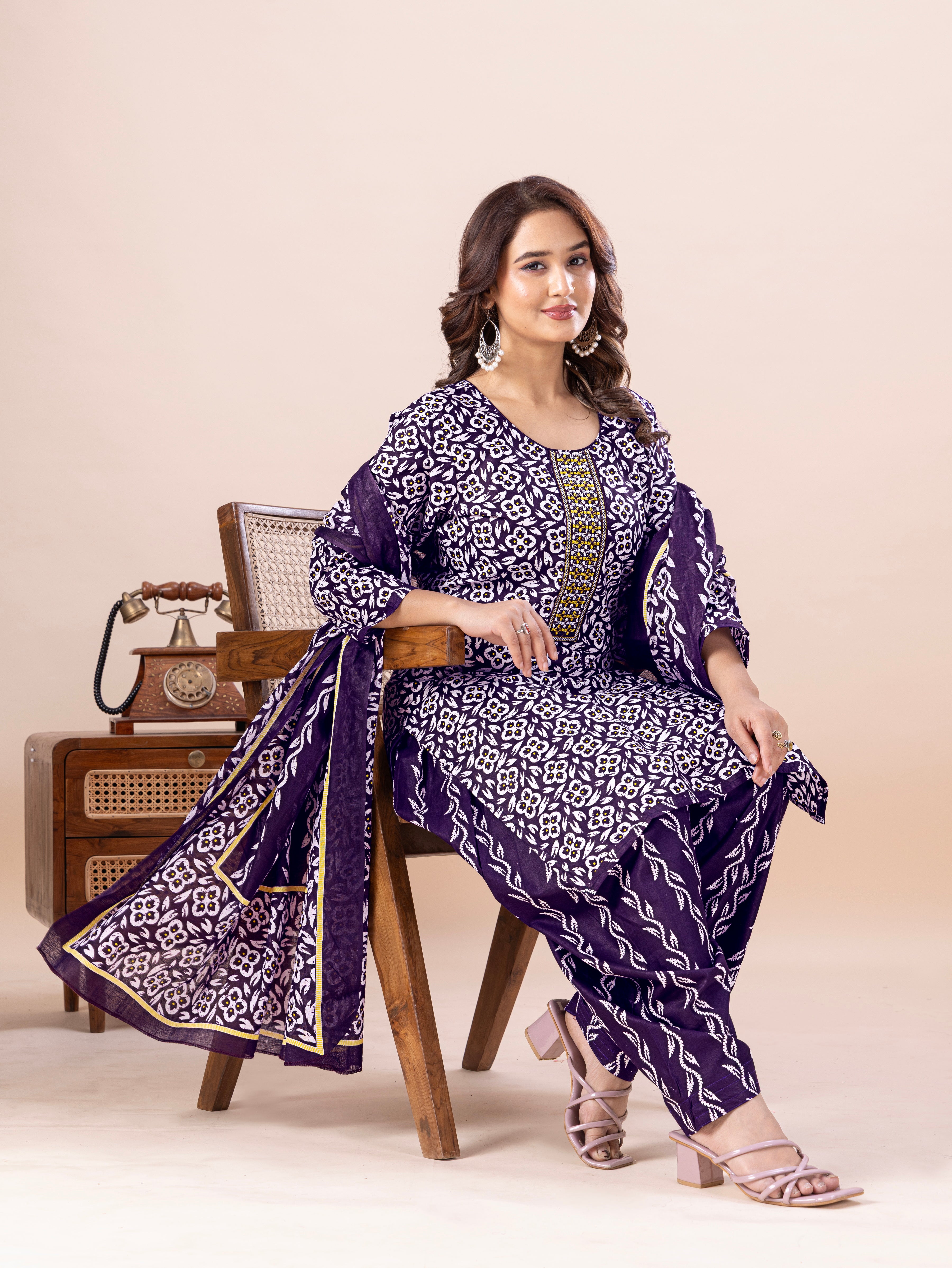 Navy Floral Print Patiala Suit Set