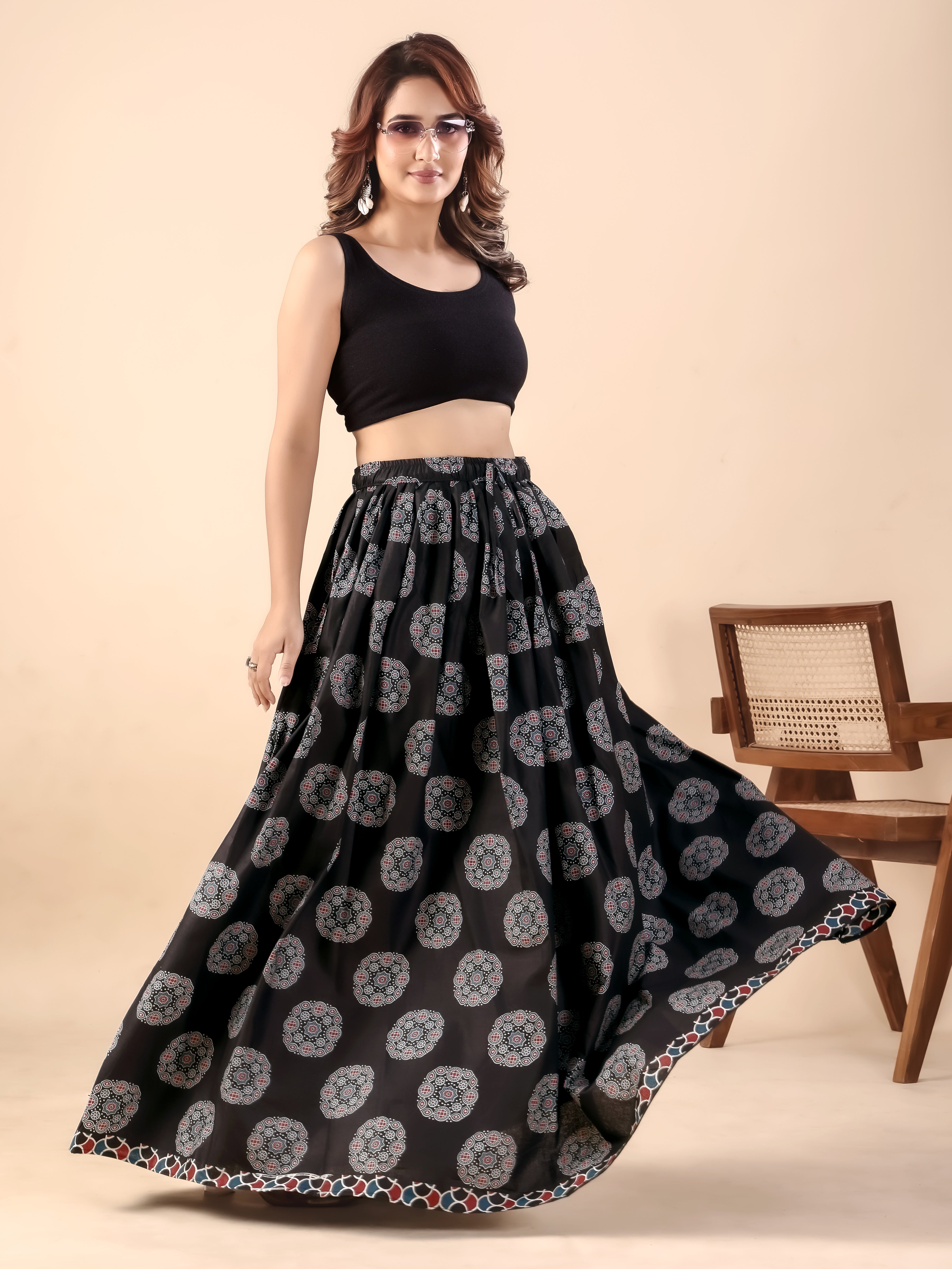 Black Printed Flared Skirt