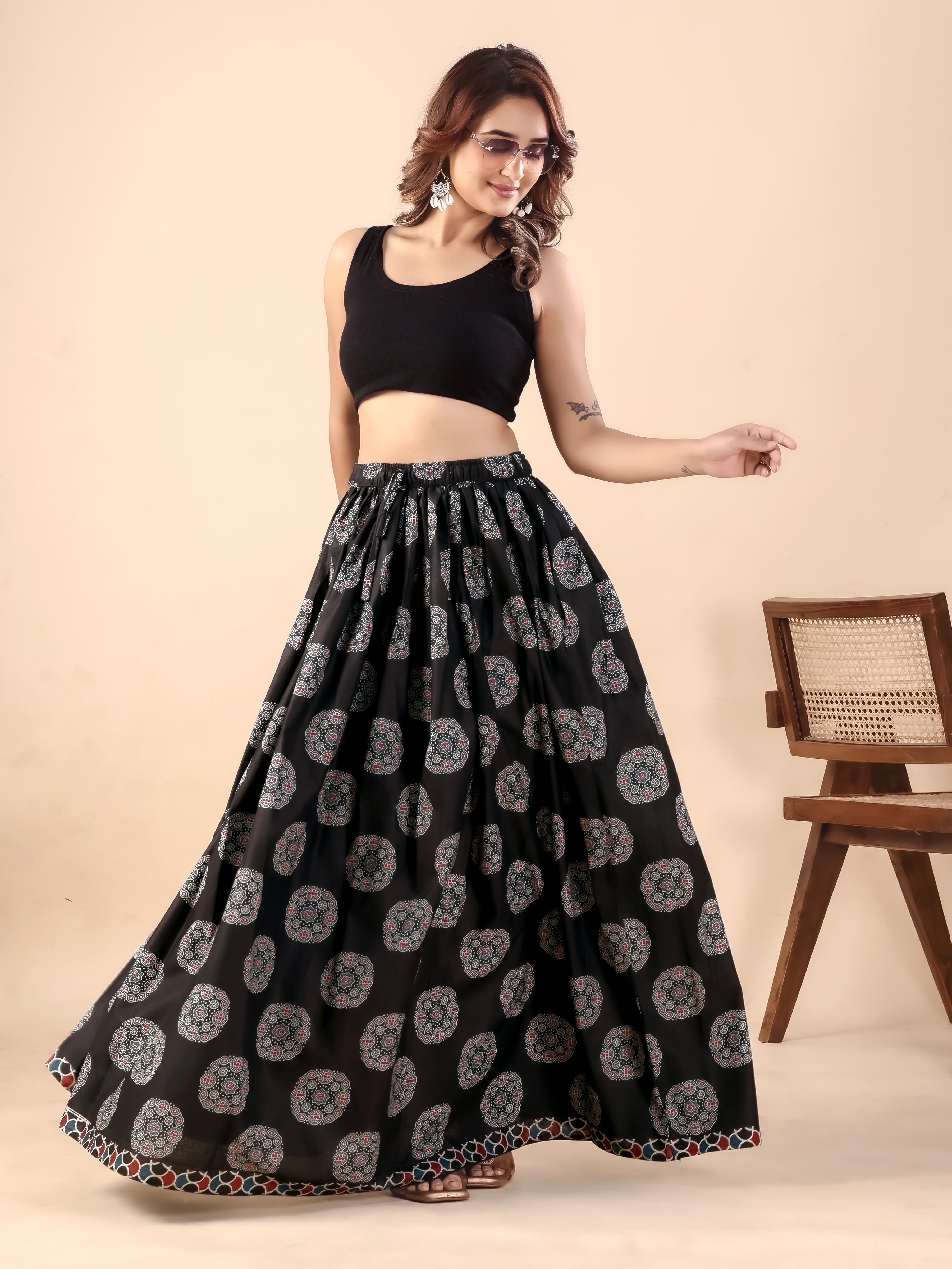 Black Printed Flared Skirt