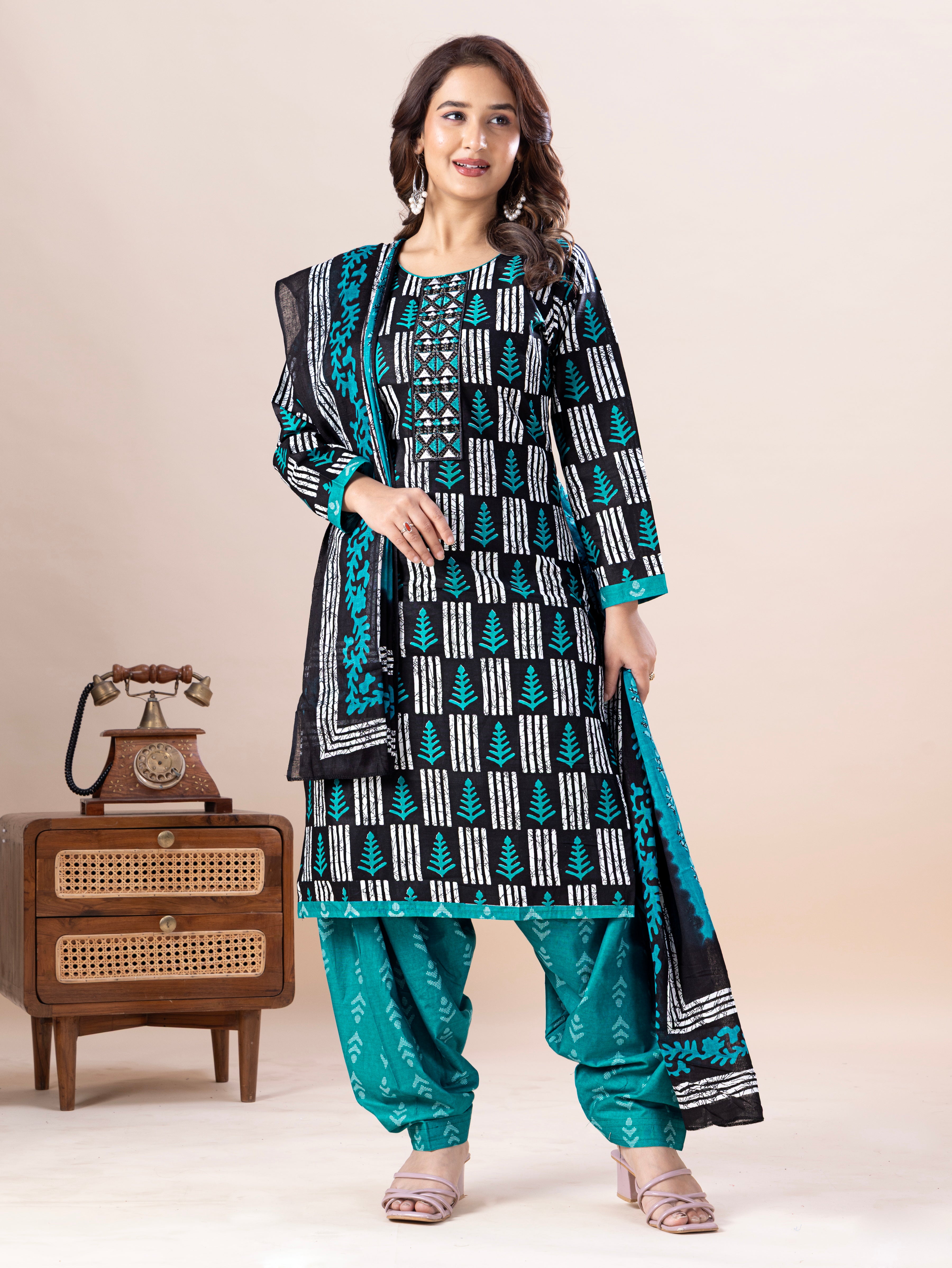 Black & Teal Print Patiala Suit Set