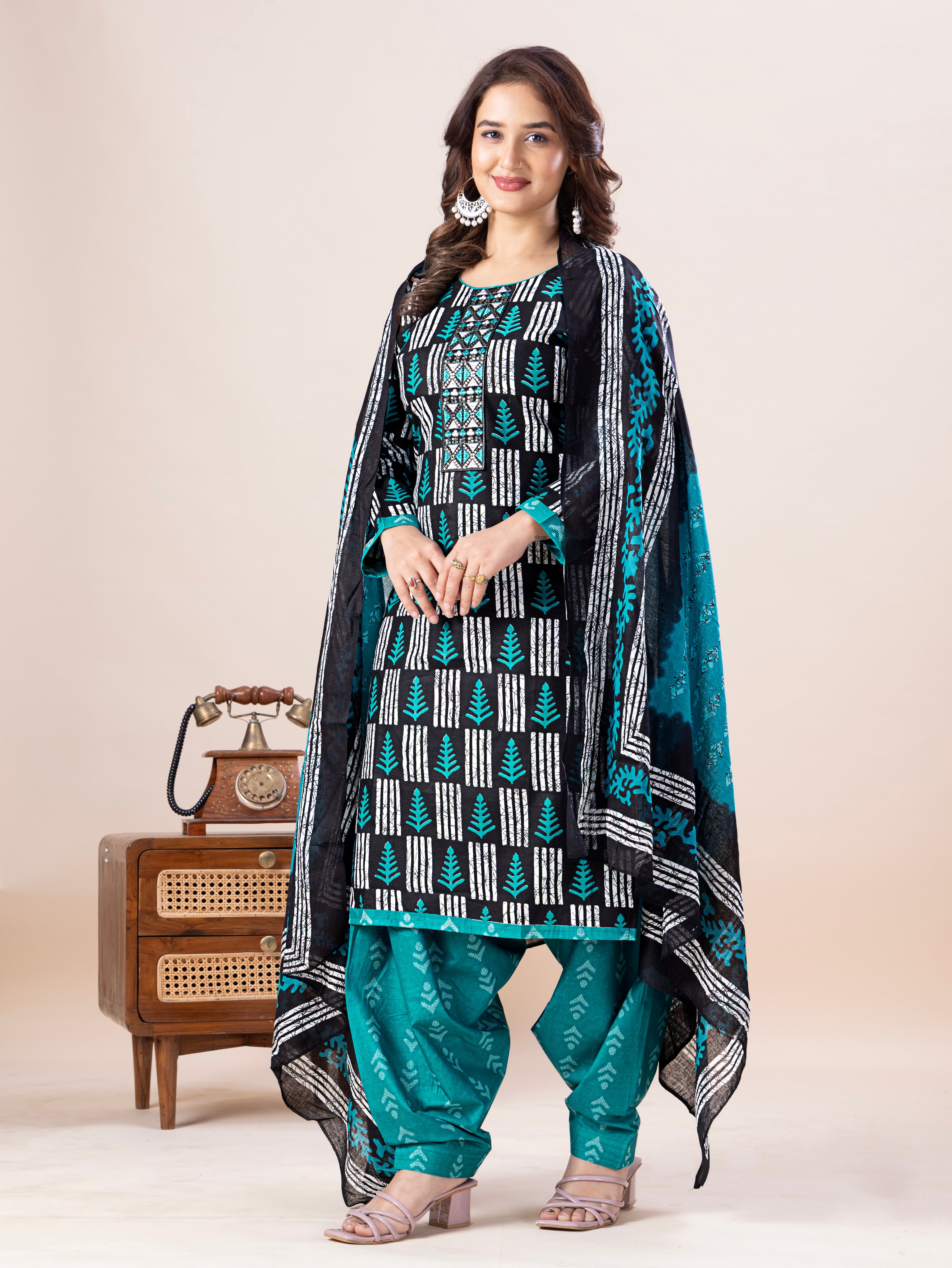 Black & Teal Print Patiala Suit Set