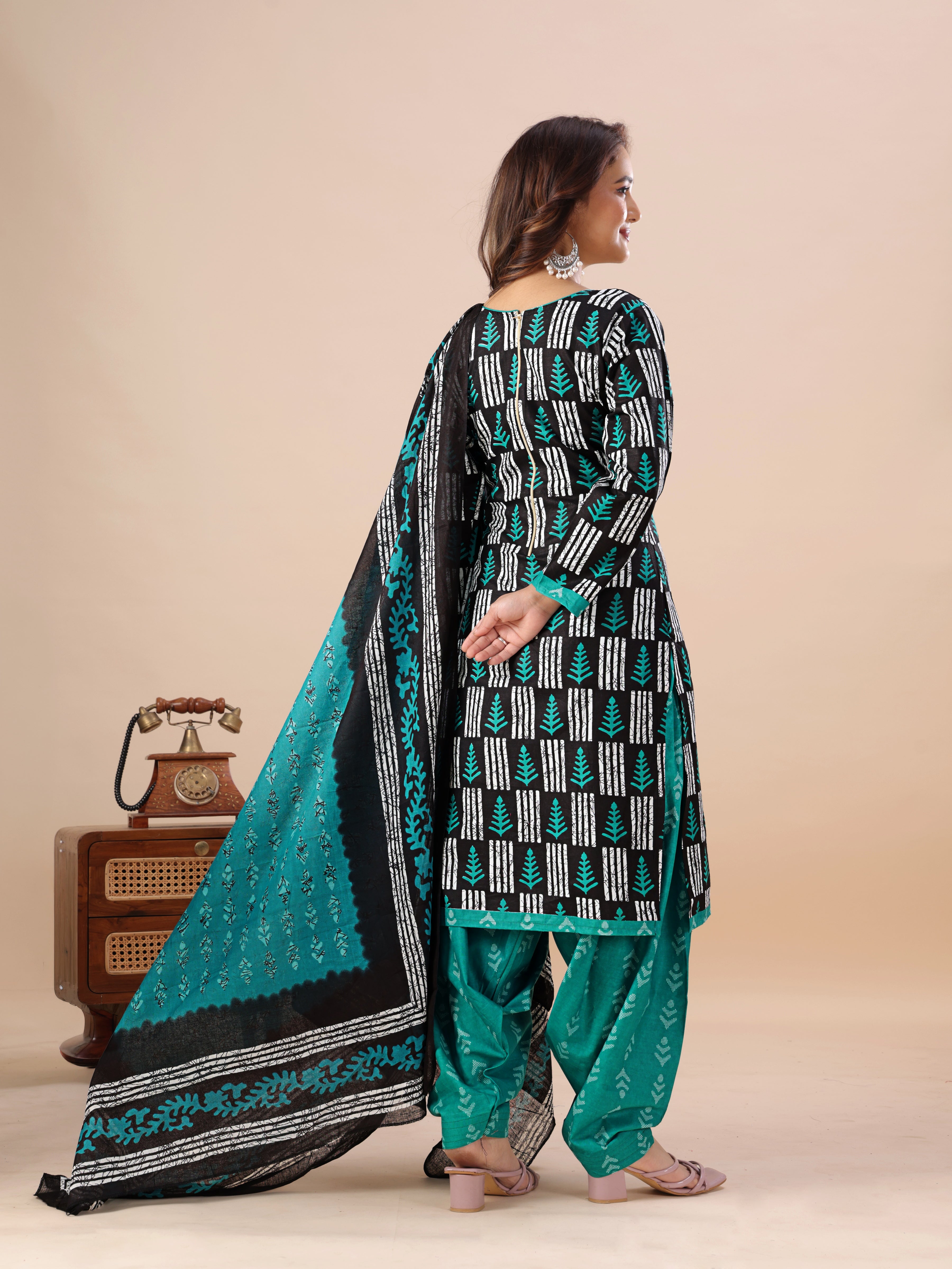 Black & Teal Print Patiala Suit Set