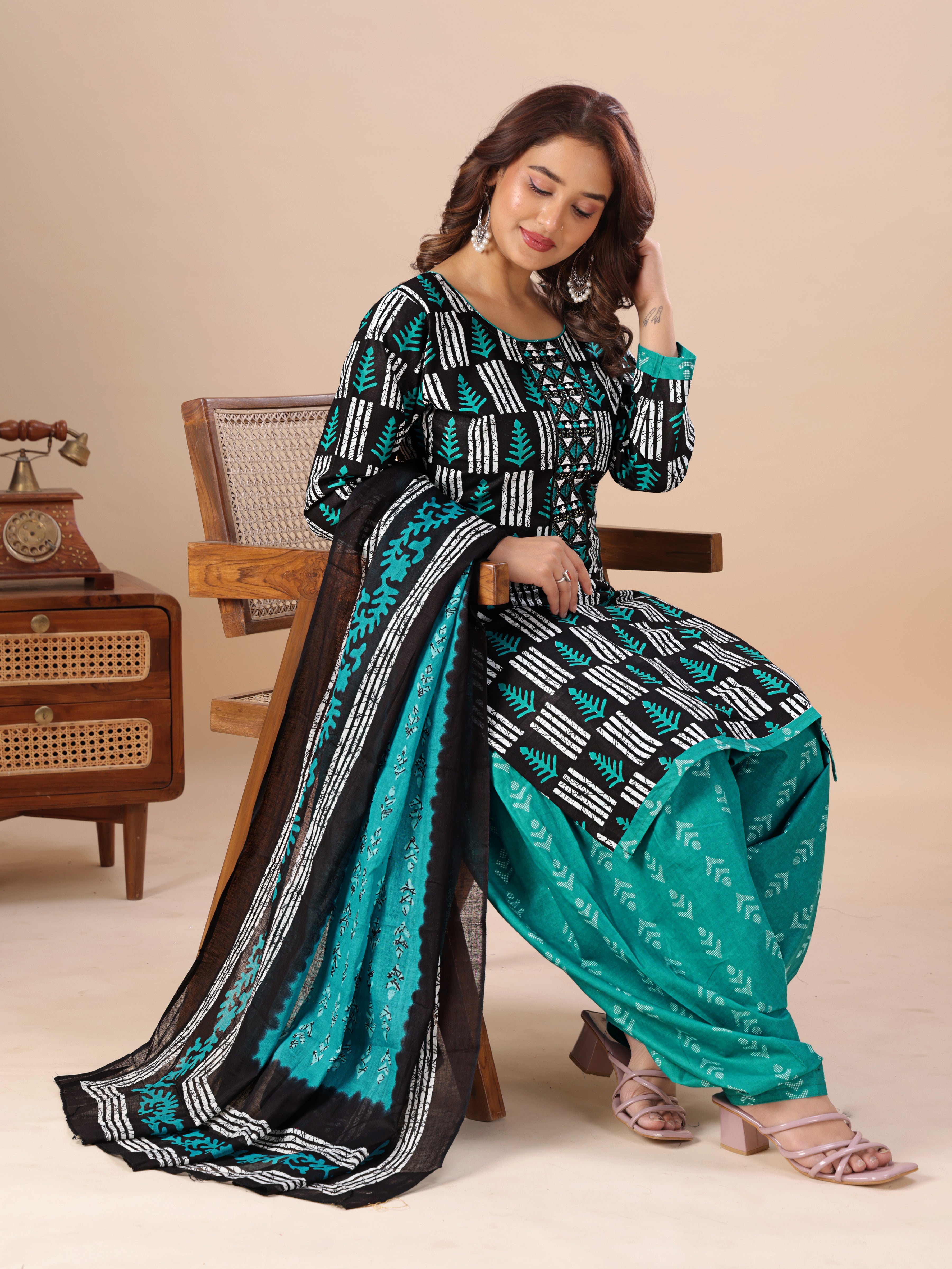 Black & Teal Print Patiala Suit Set