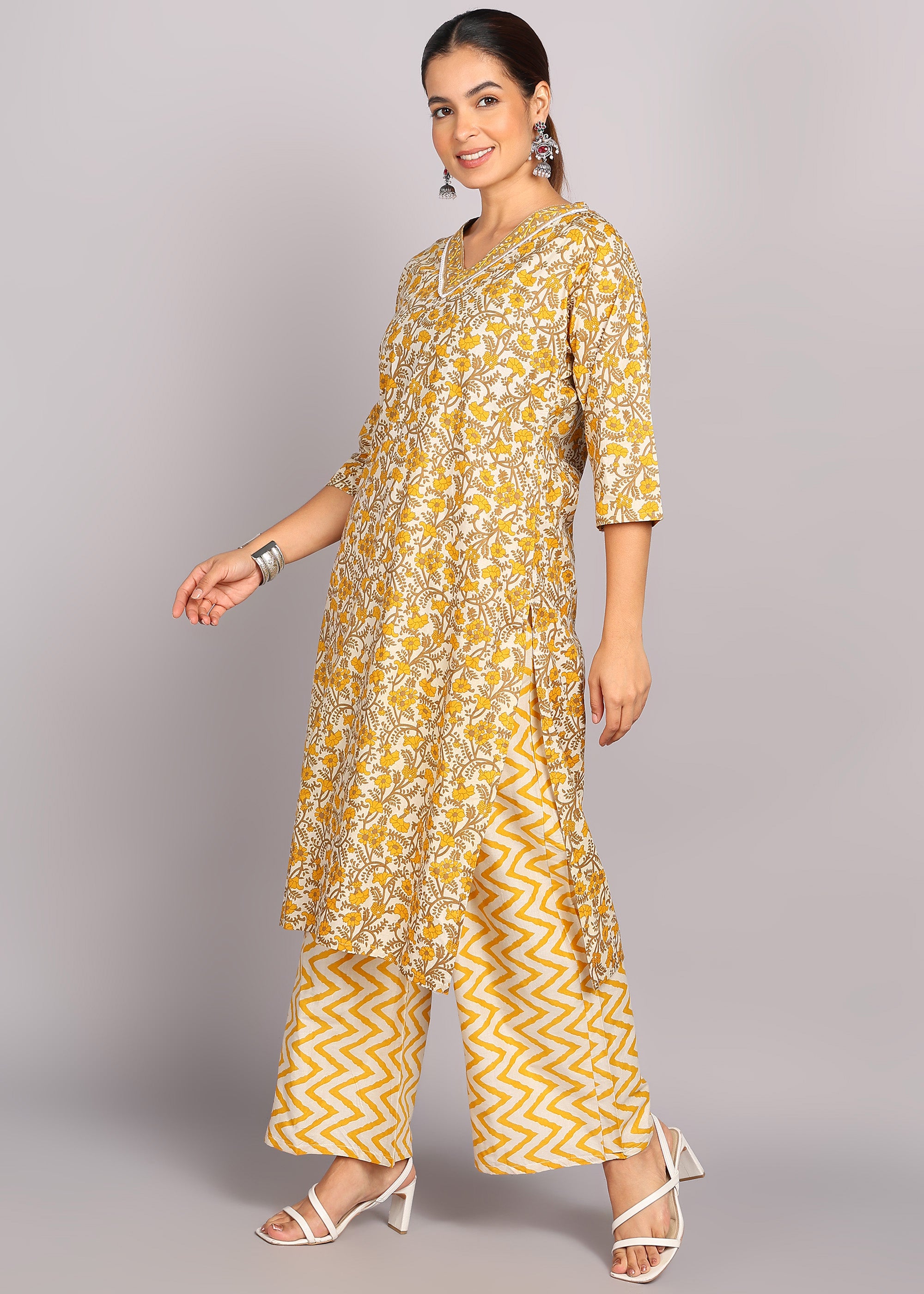 Mustard Floral Printed Kurta Set