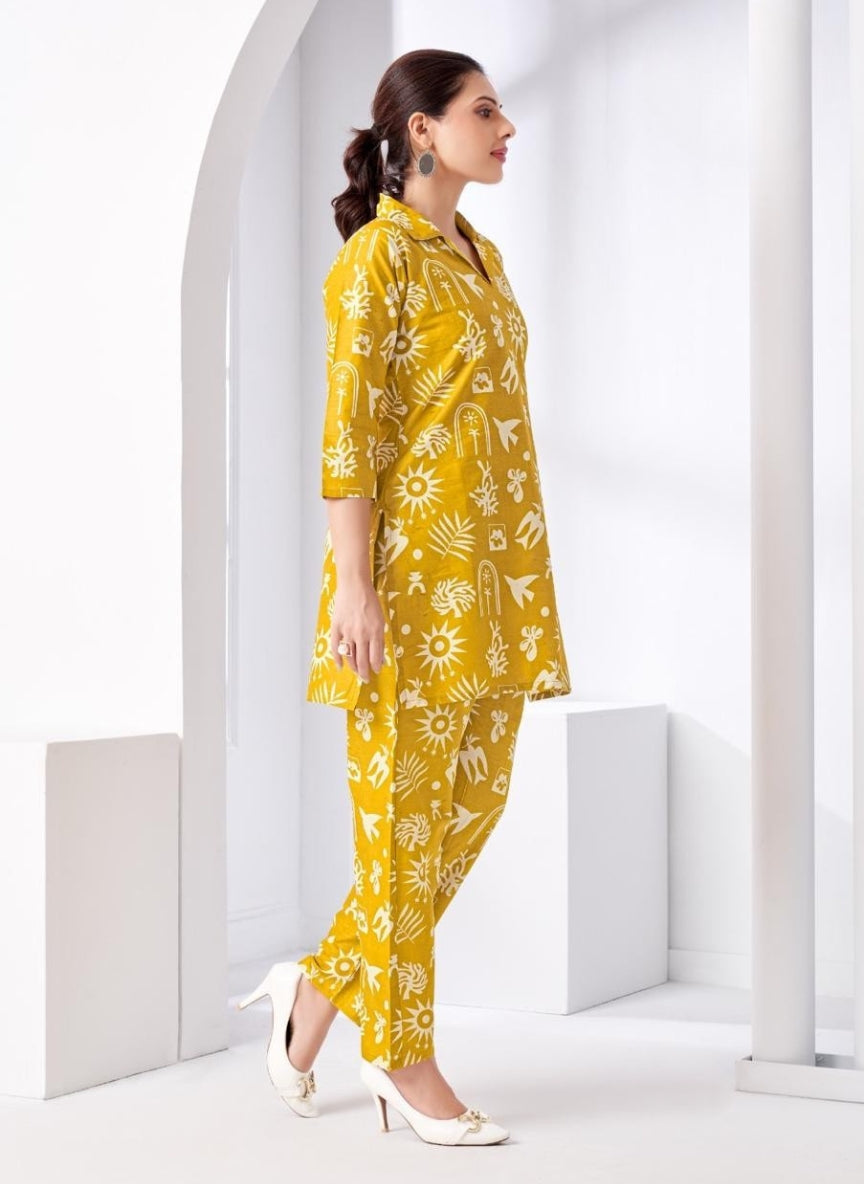 Mustard Yellow Abstract Printed Women Coord Set