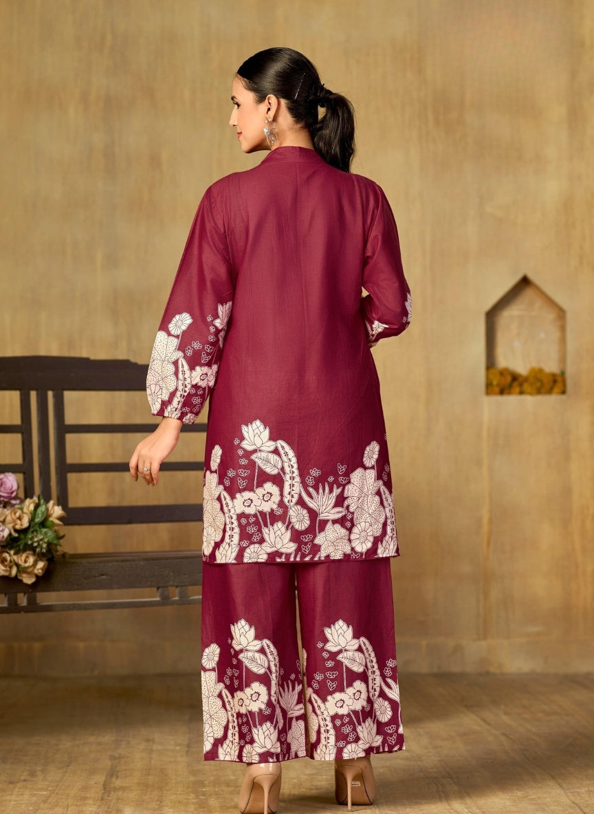 Wine Floral Printed Coord Set