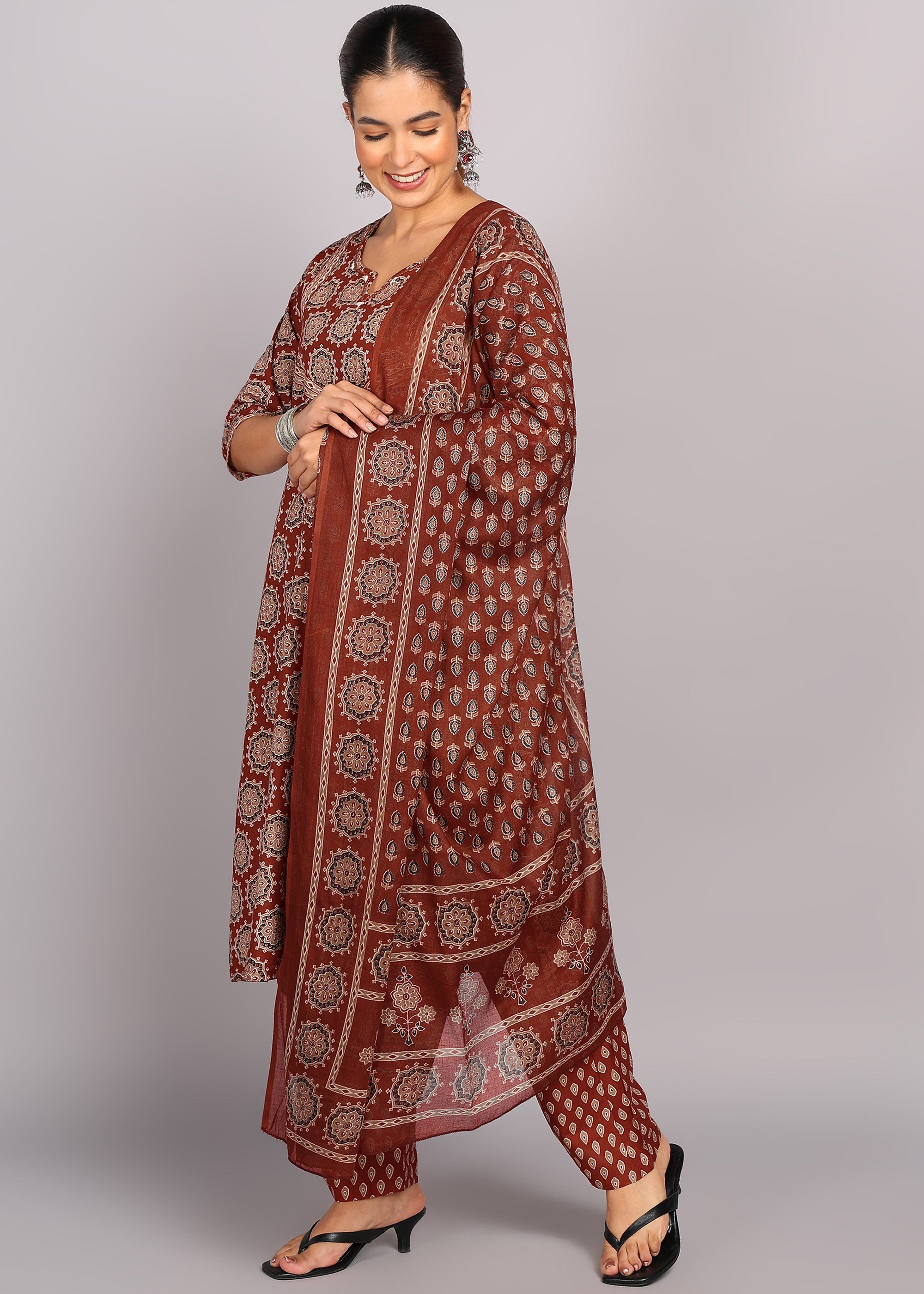 Rust Brown Printed Kurta Set with Dupatta