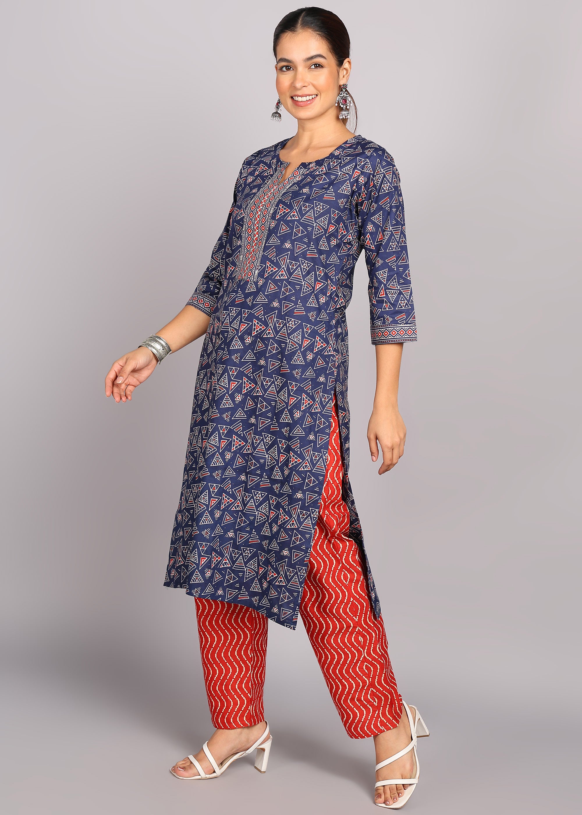 Navy Blue Geometric Kurta Set