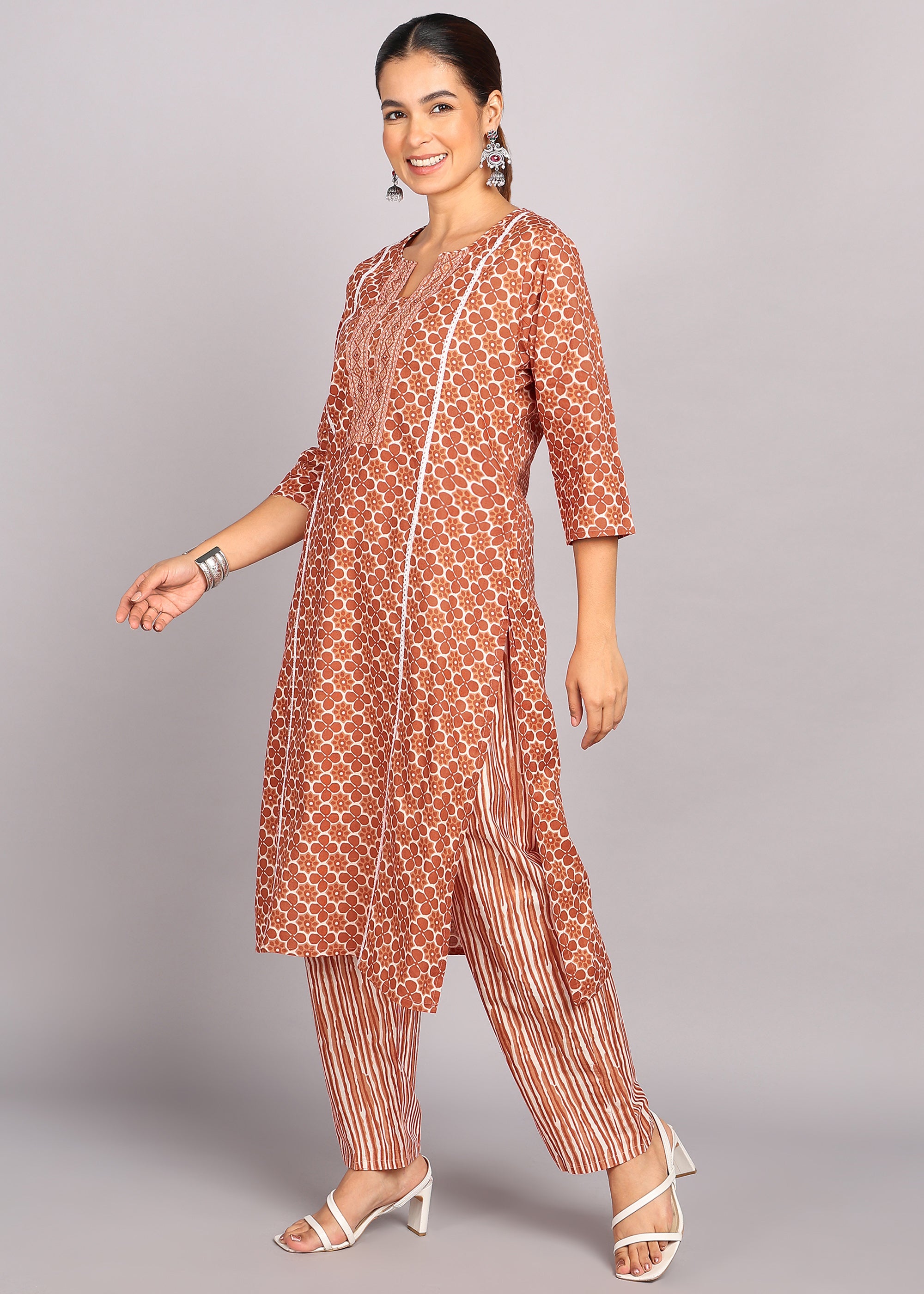Brown Floral Printed Kurta Set