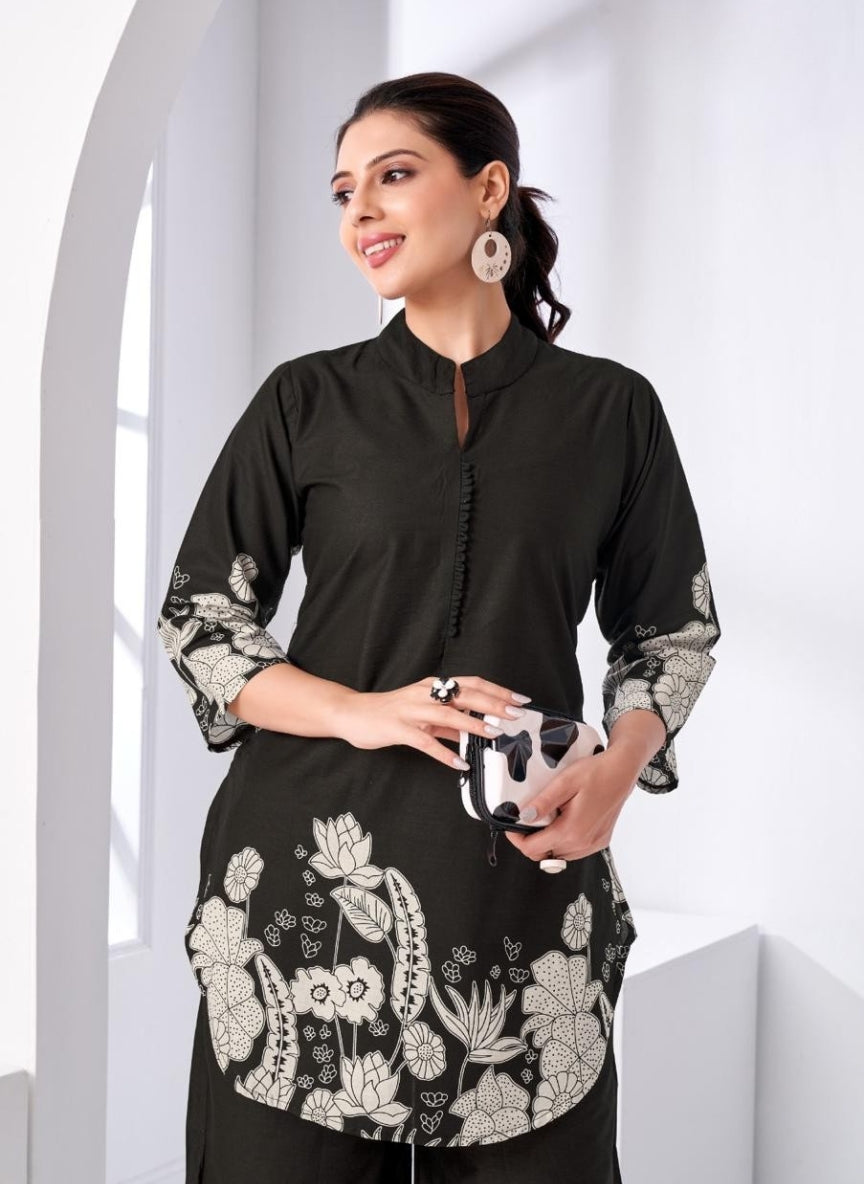 Black Floral Printed Women Coord Set