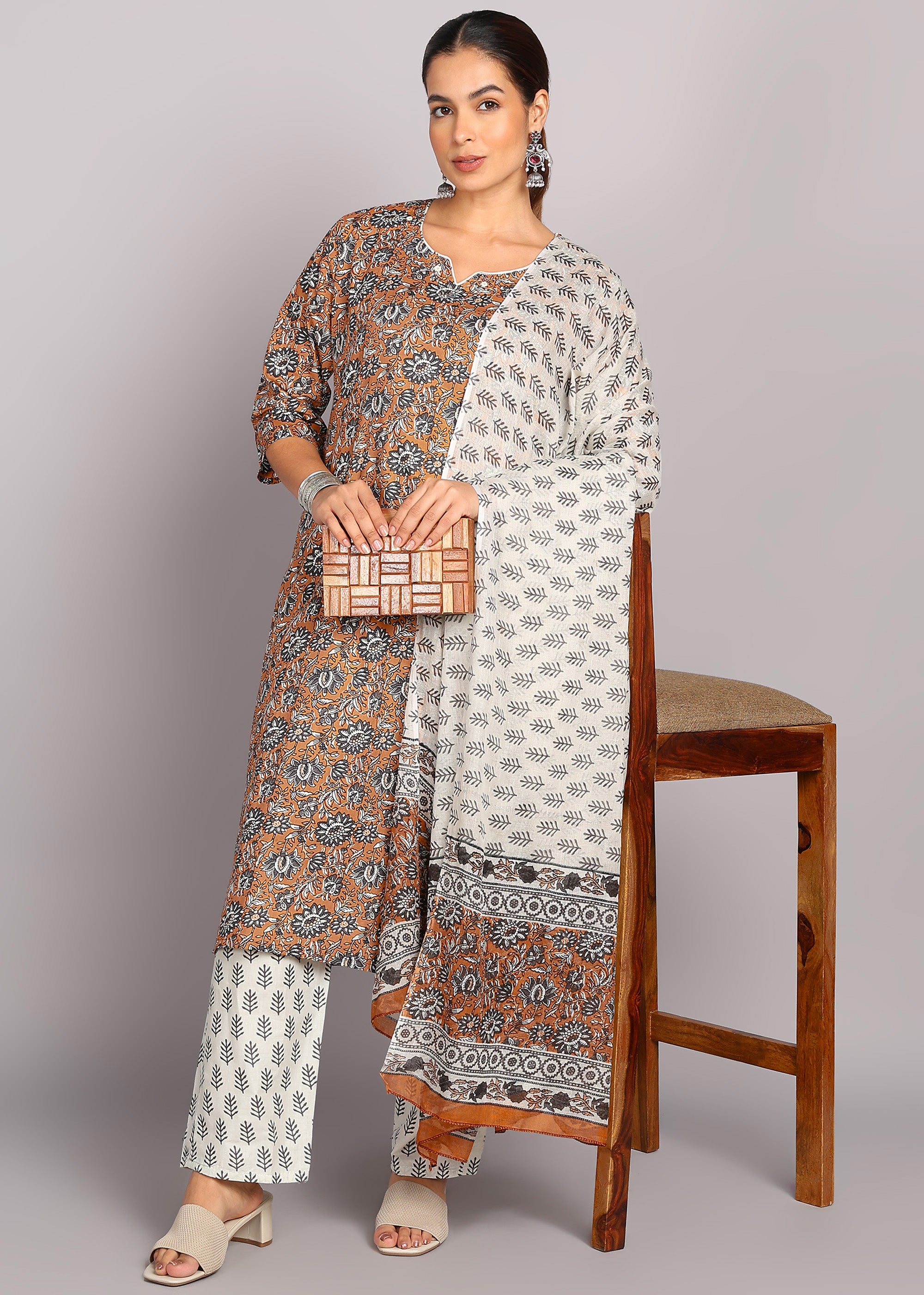 Brown Floral Printed Kurta Set