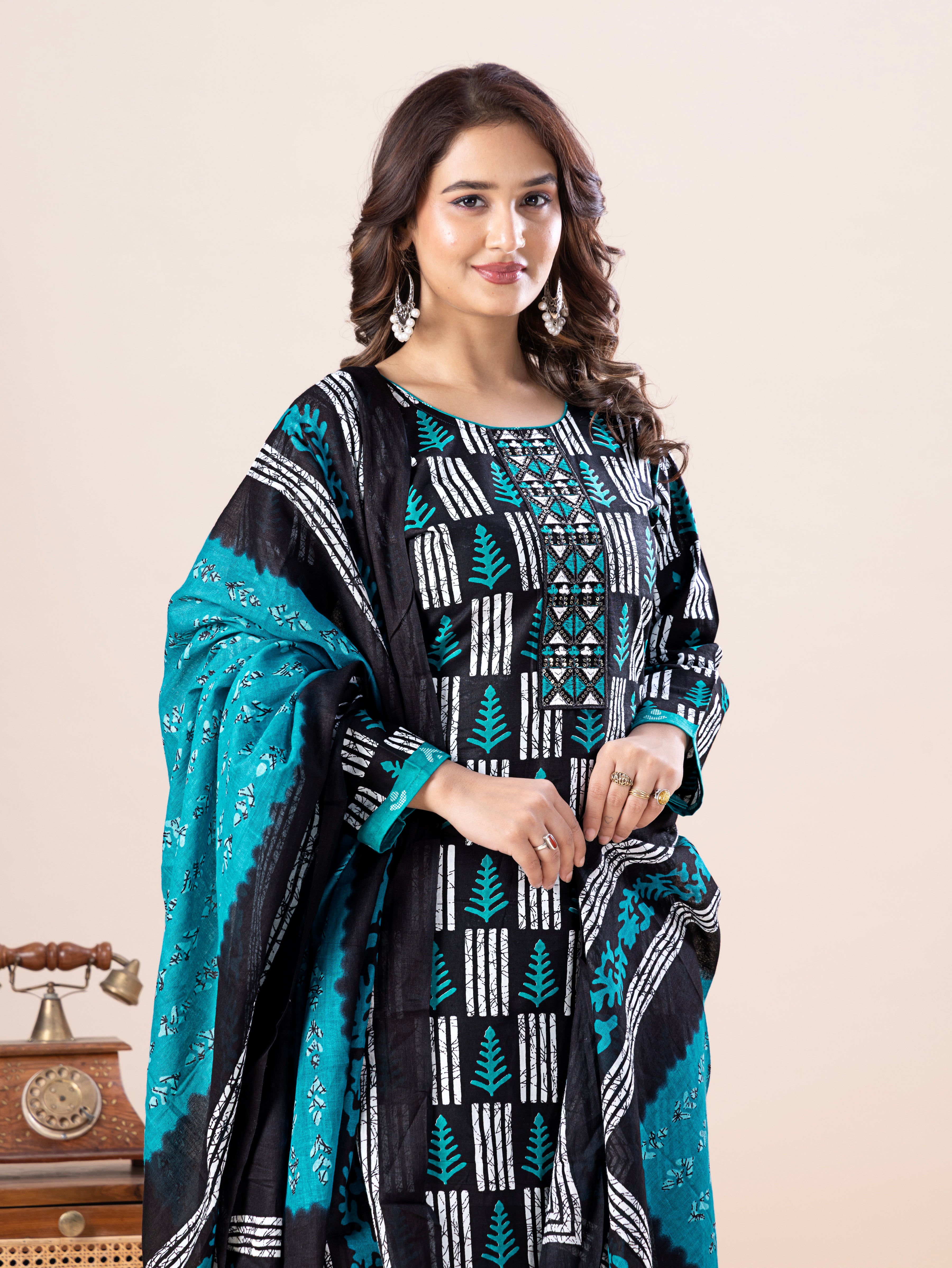 Black & Teal Print Patiala Suit Set