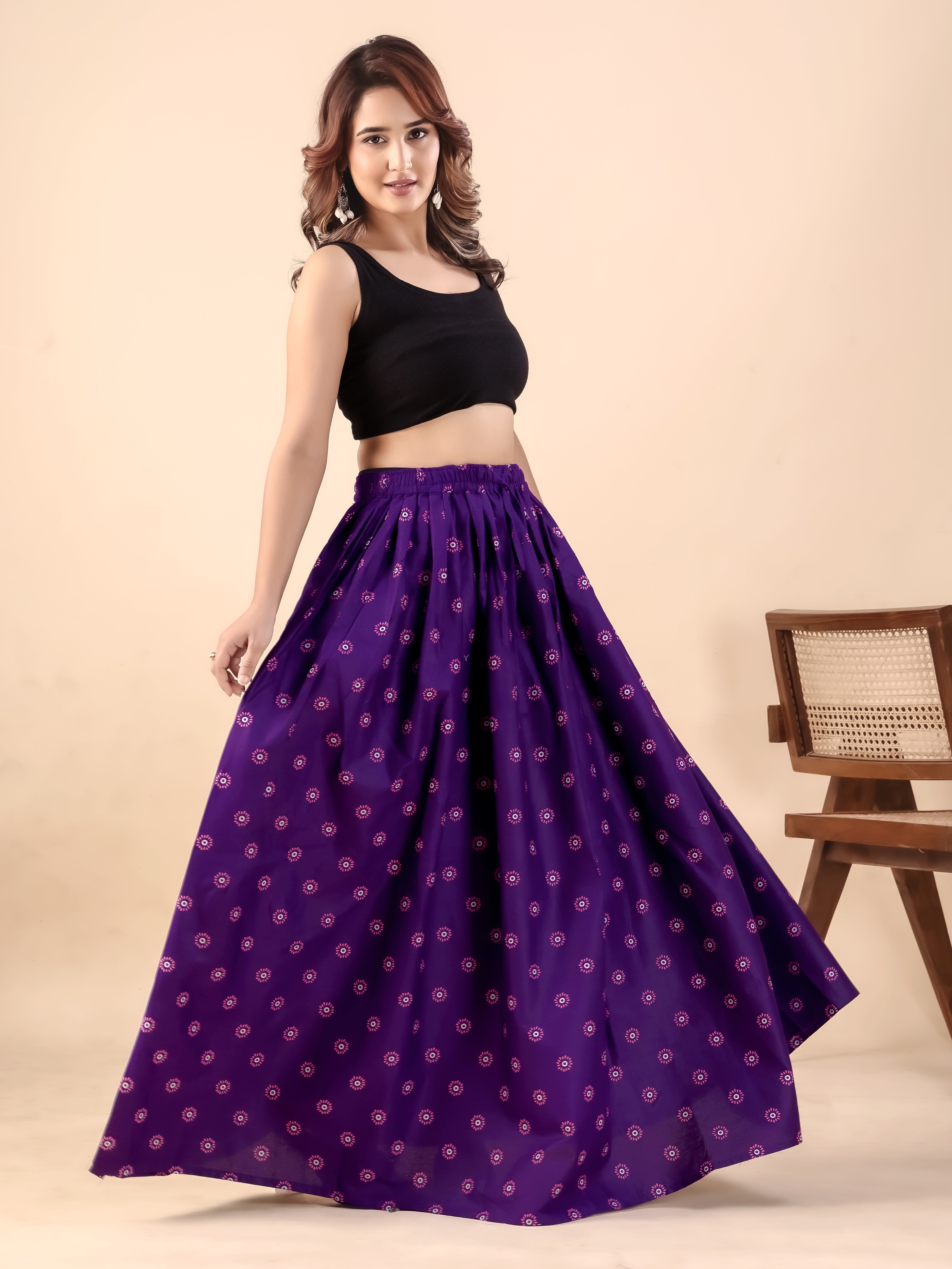 Purple Printed Flared Skirt