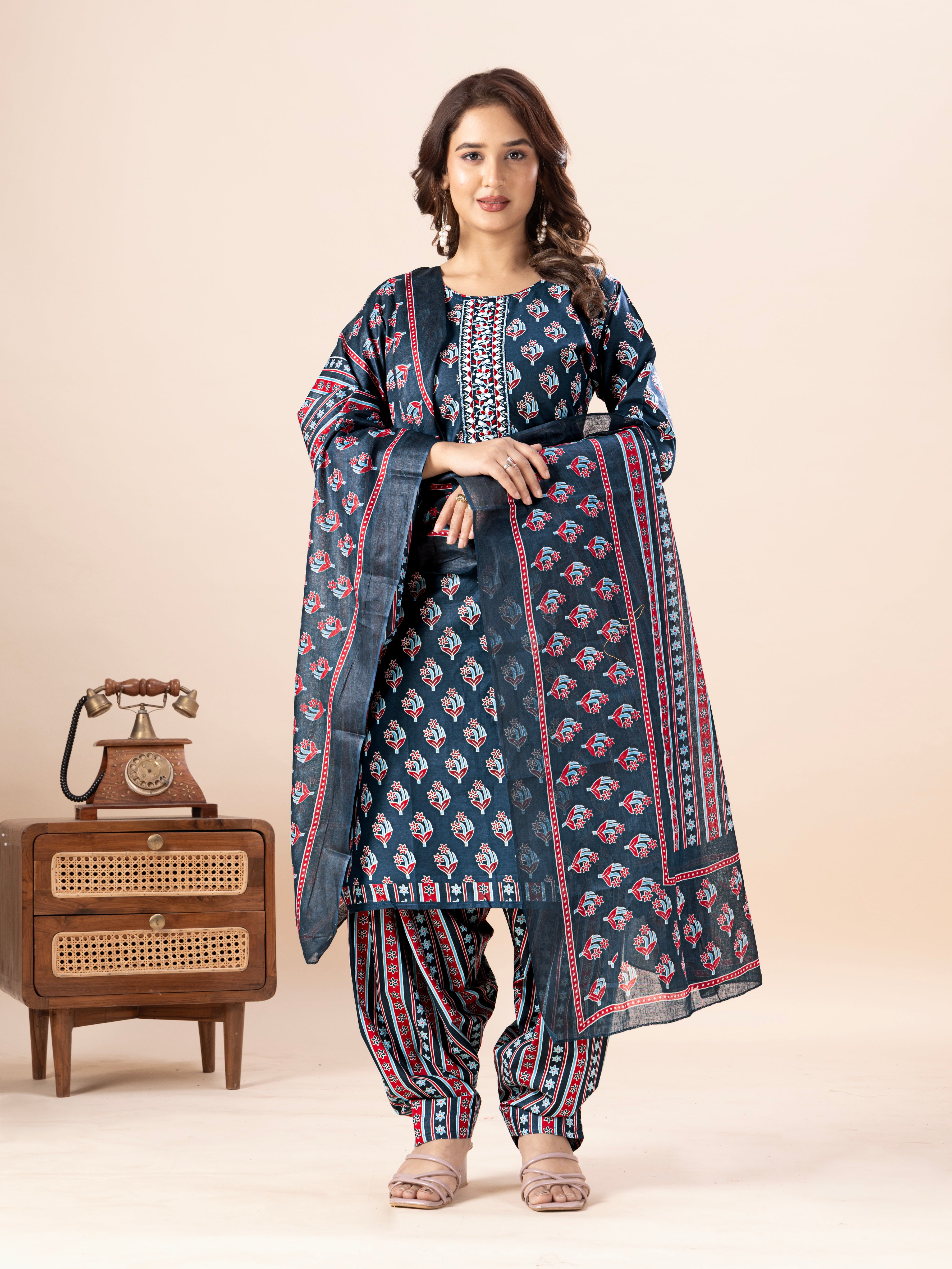 Teal Floral Print Patiala Suit Set