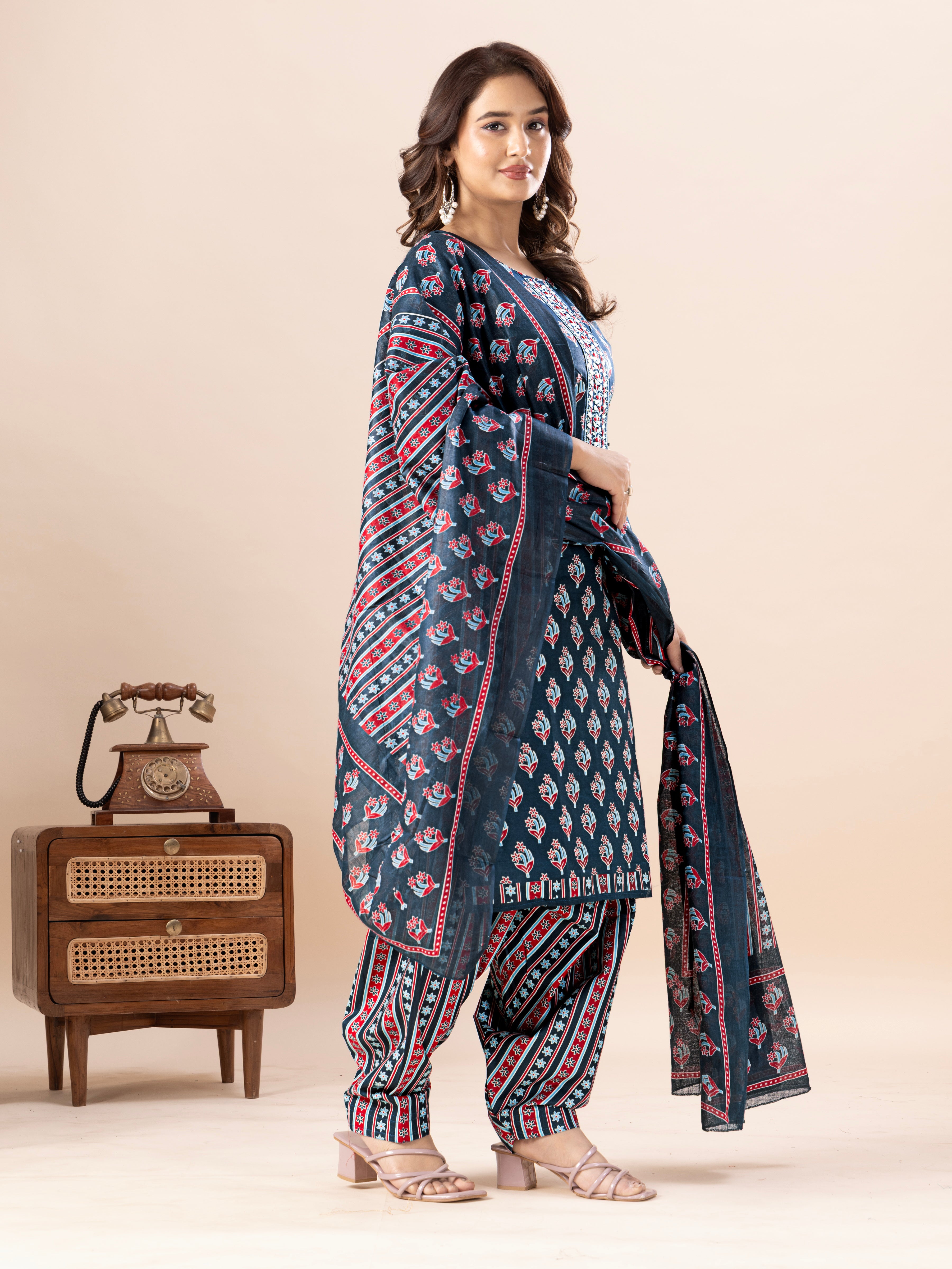 Teal Floral Print Patiala Suit Set
