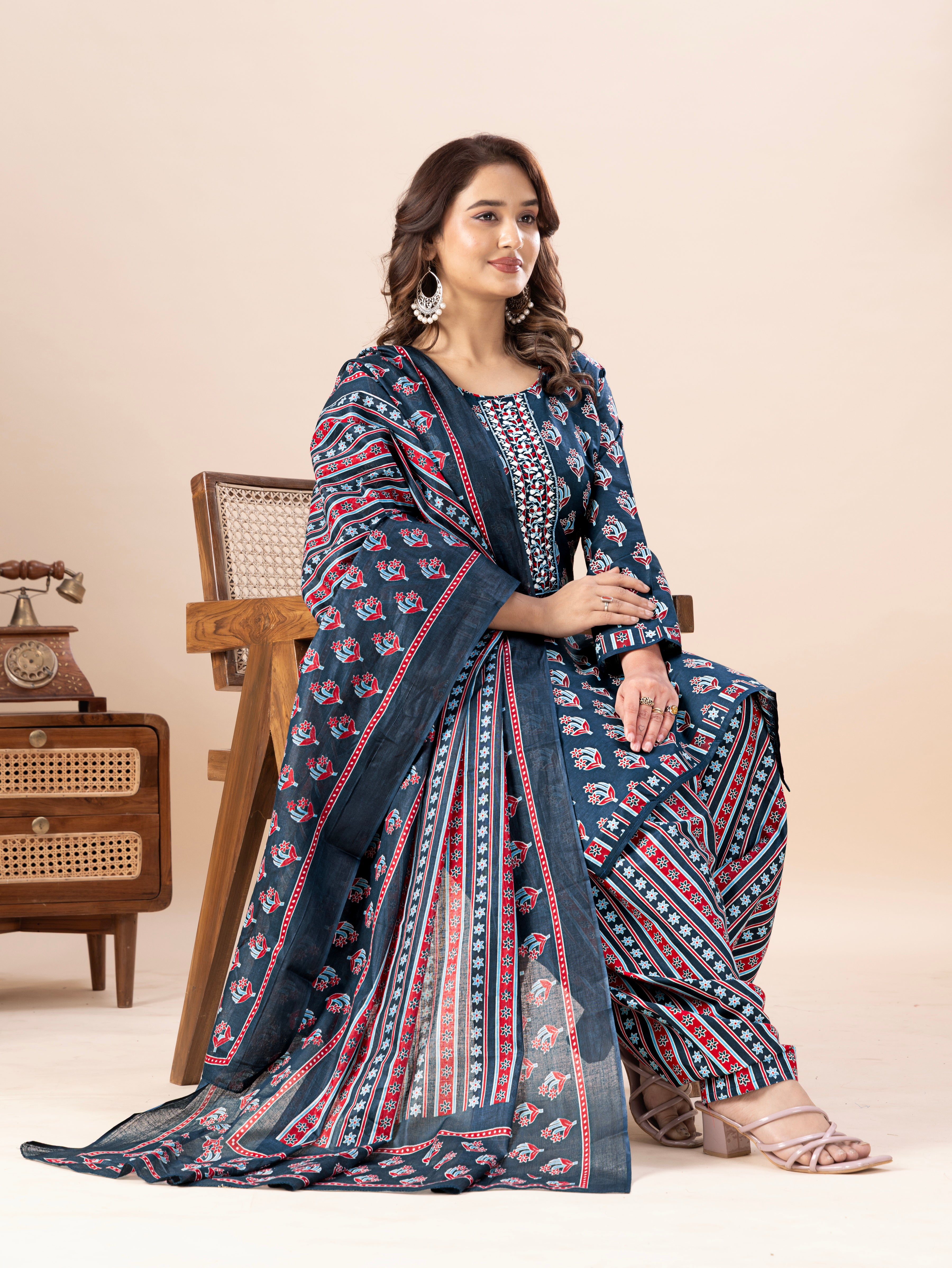 Teal Floral Print Patiala Suit Set