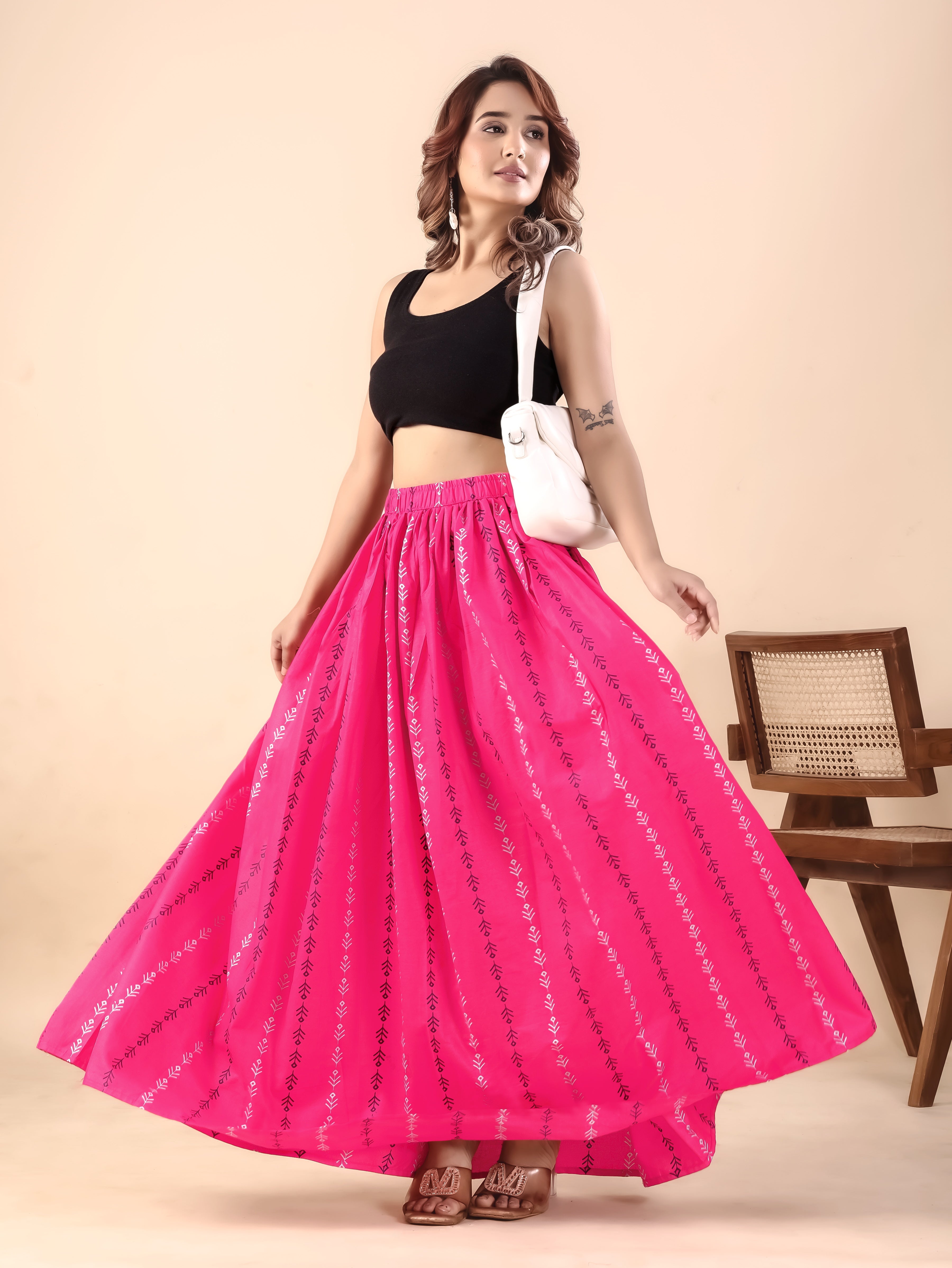 Pink Printed Flared Skirt
