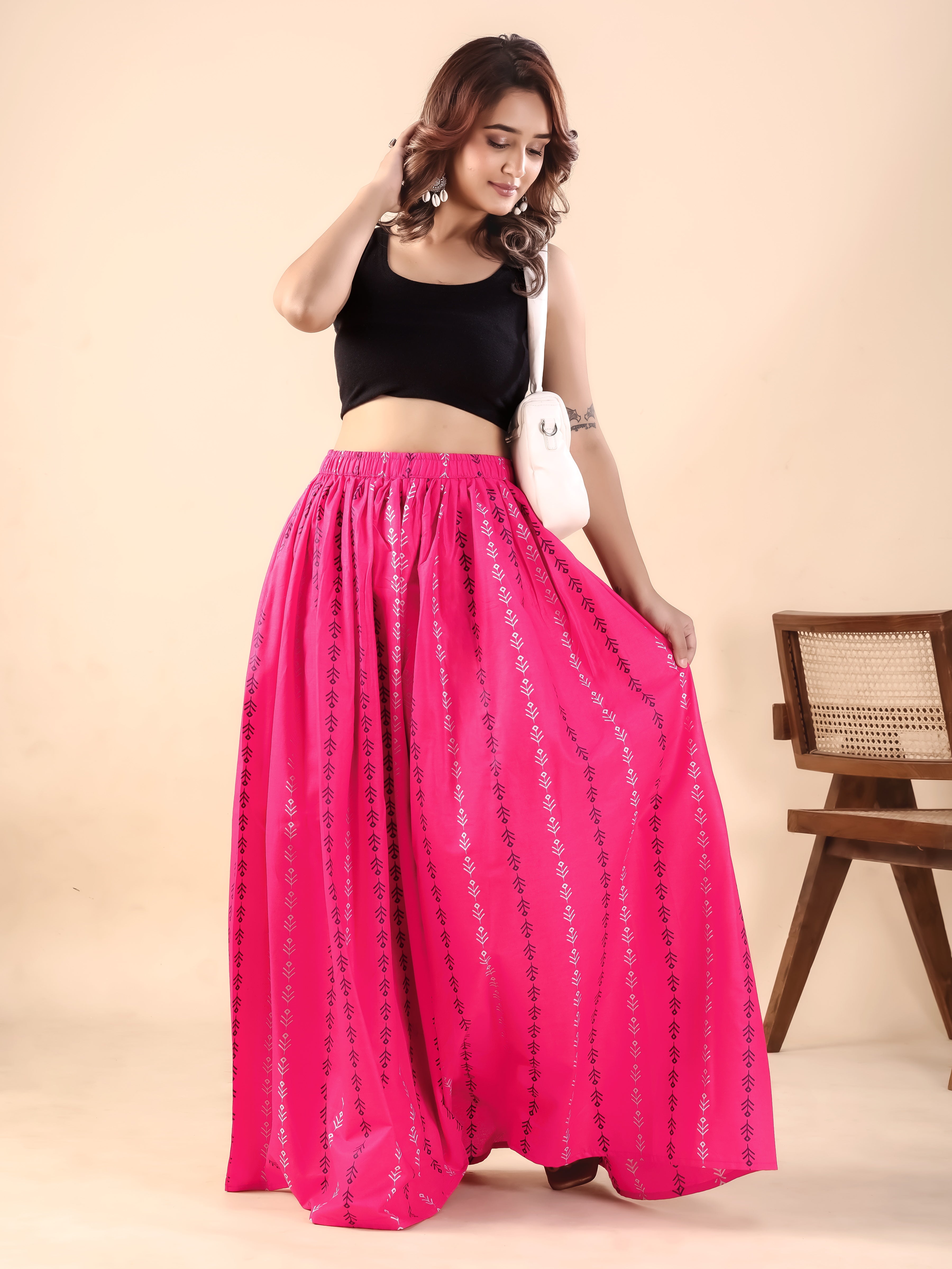 Pink Printed Flared Skirt