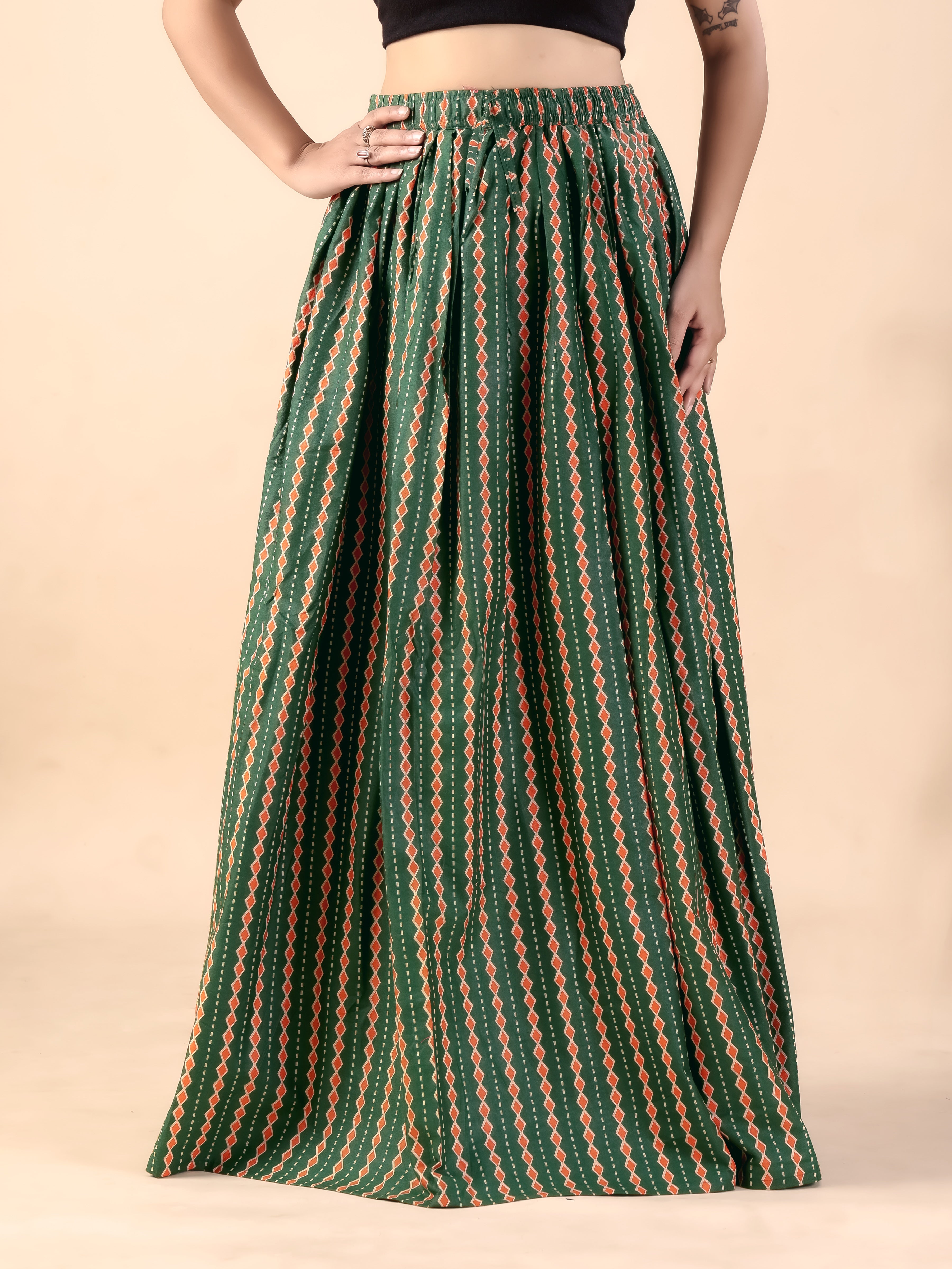 Green Geometric Printed Flared Skirt