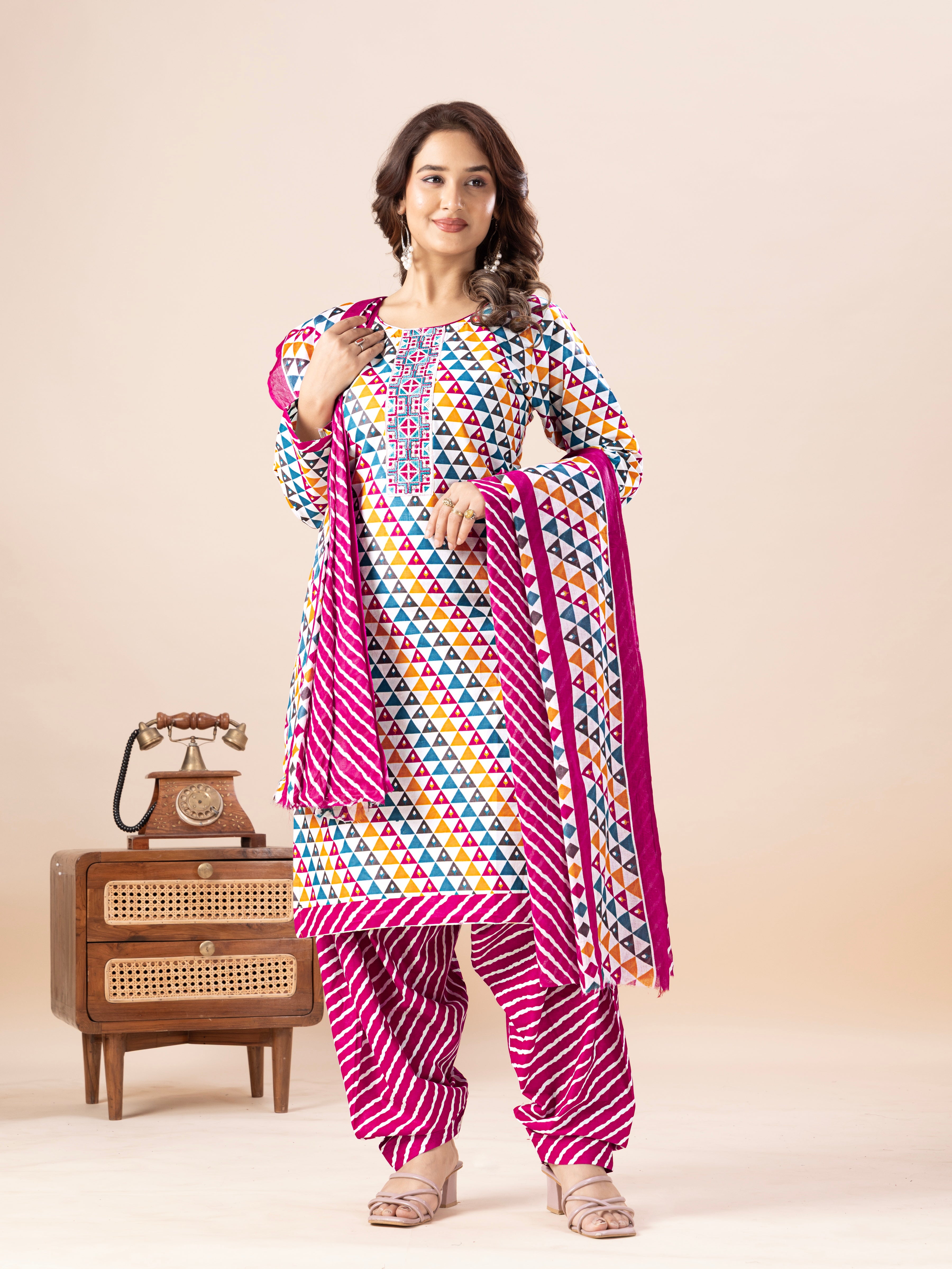 Multicolor Triangle Print Patiala Suit Set