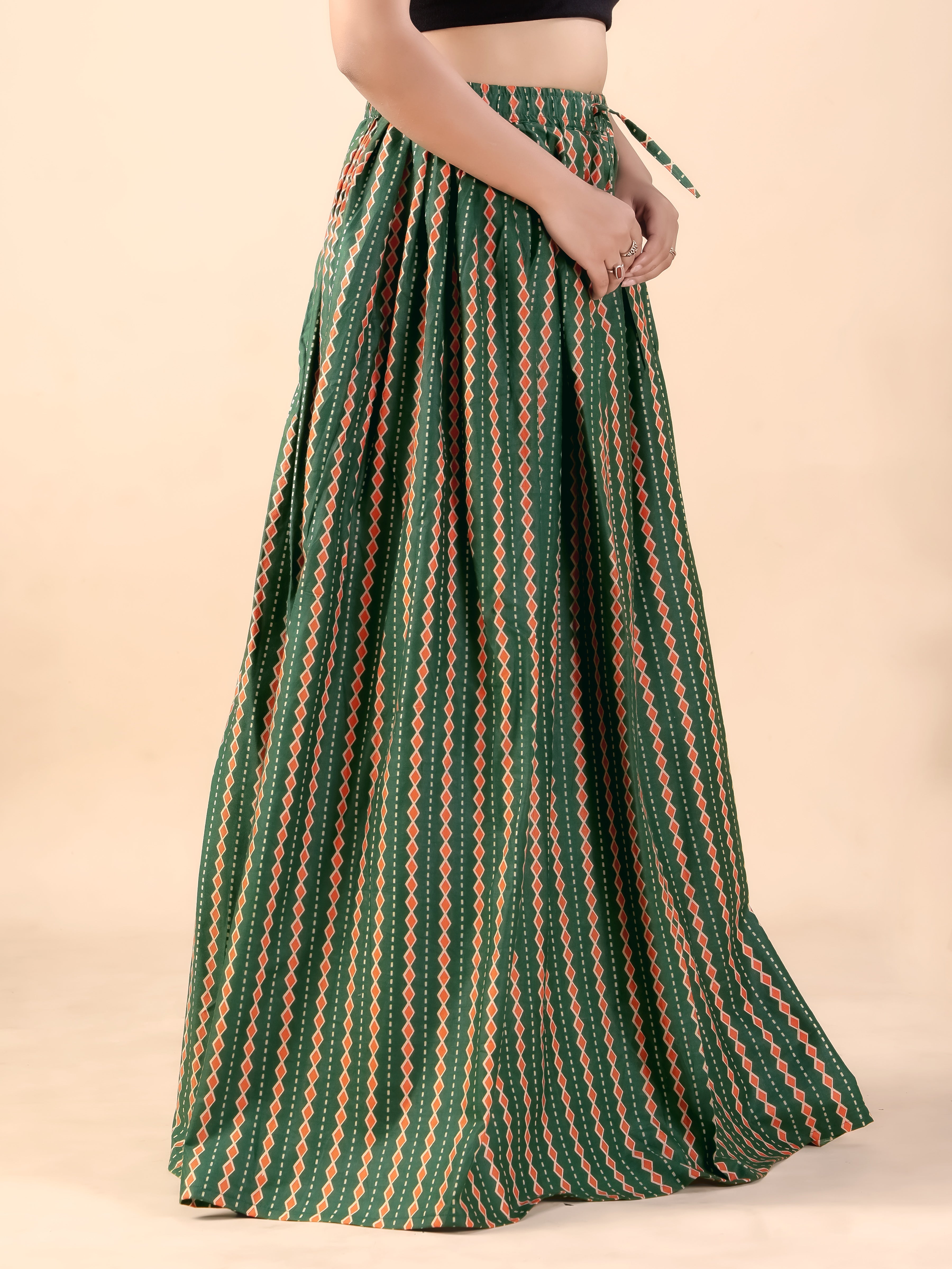 Green Geometric Printed Flared Skirt