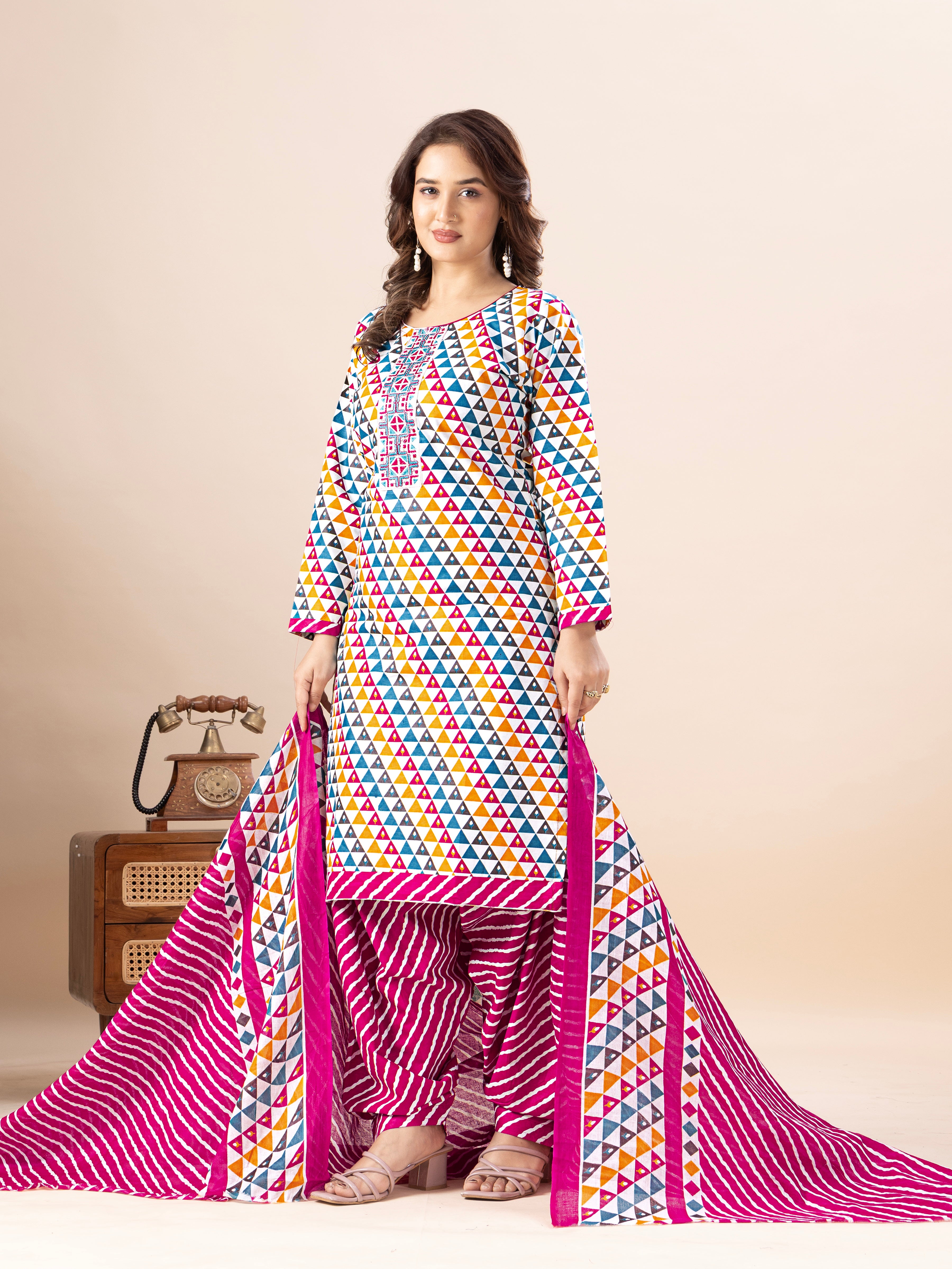Multicolor Triangle Print Patiala Suit Set