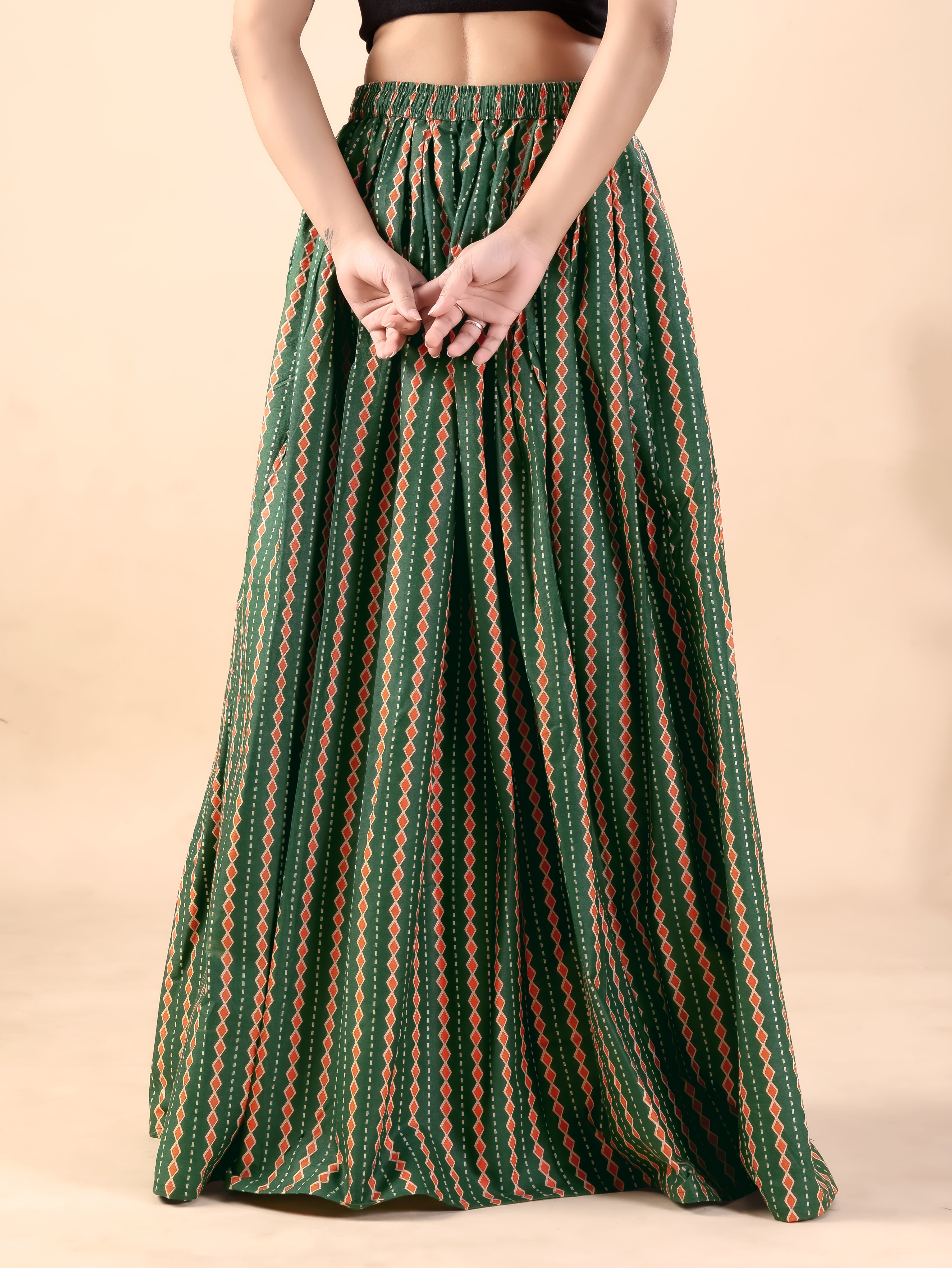 Green Geometric Printed Flared Skirt