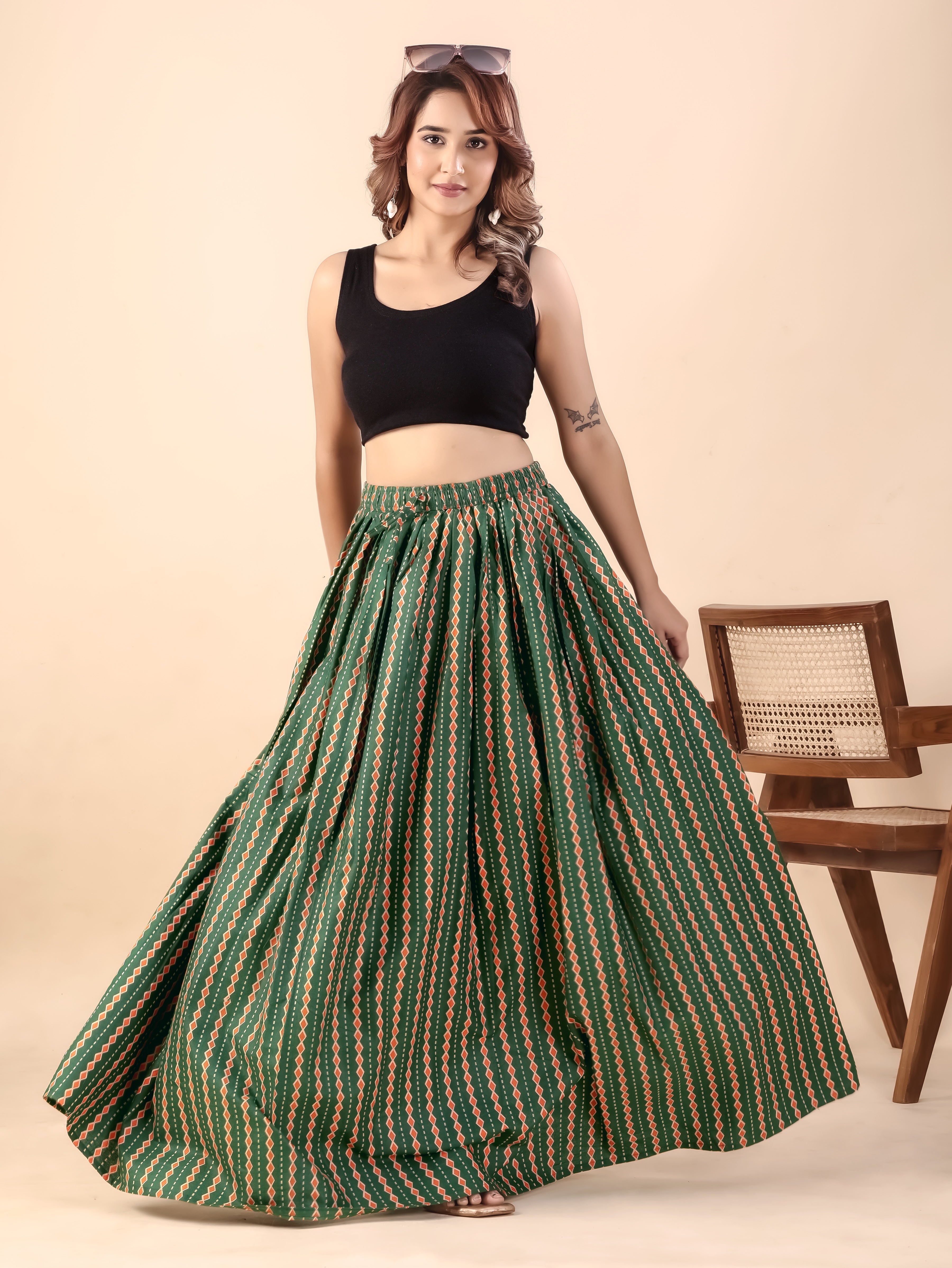 Green Geometric Printed Flared Skirt