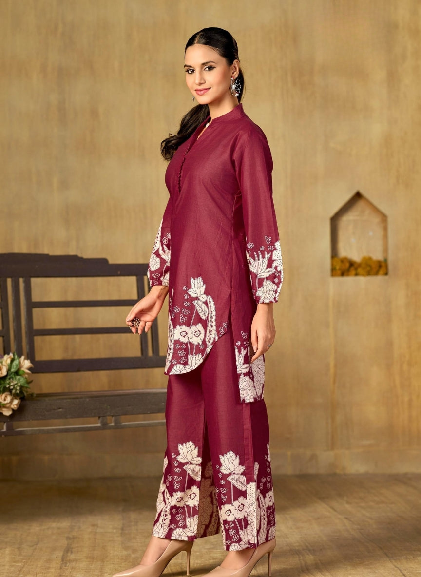 Wine Floral Printed Coord Set