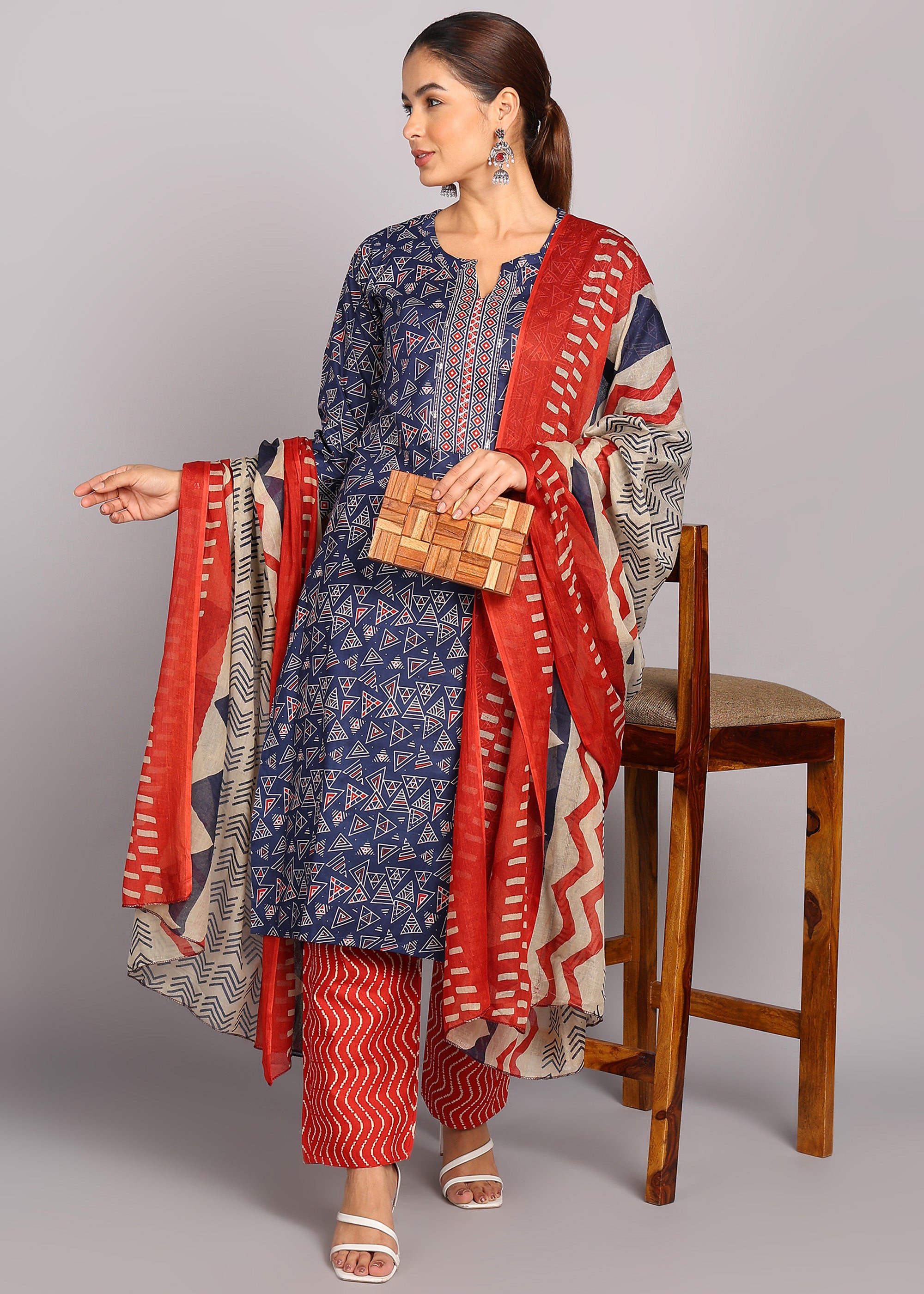 Navy Blue Geometric Kurta Set