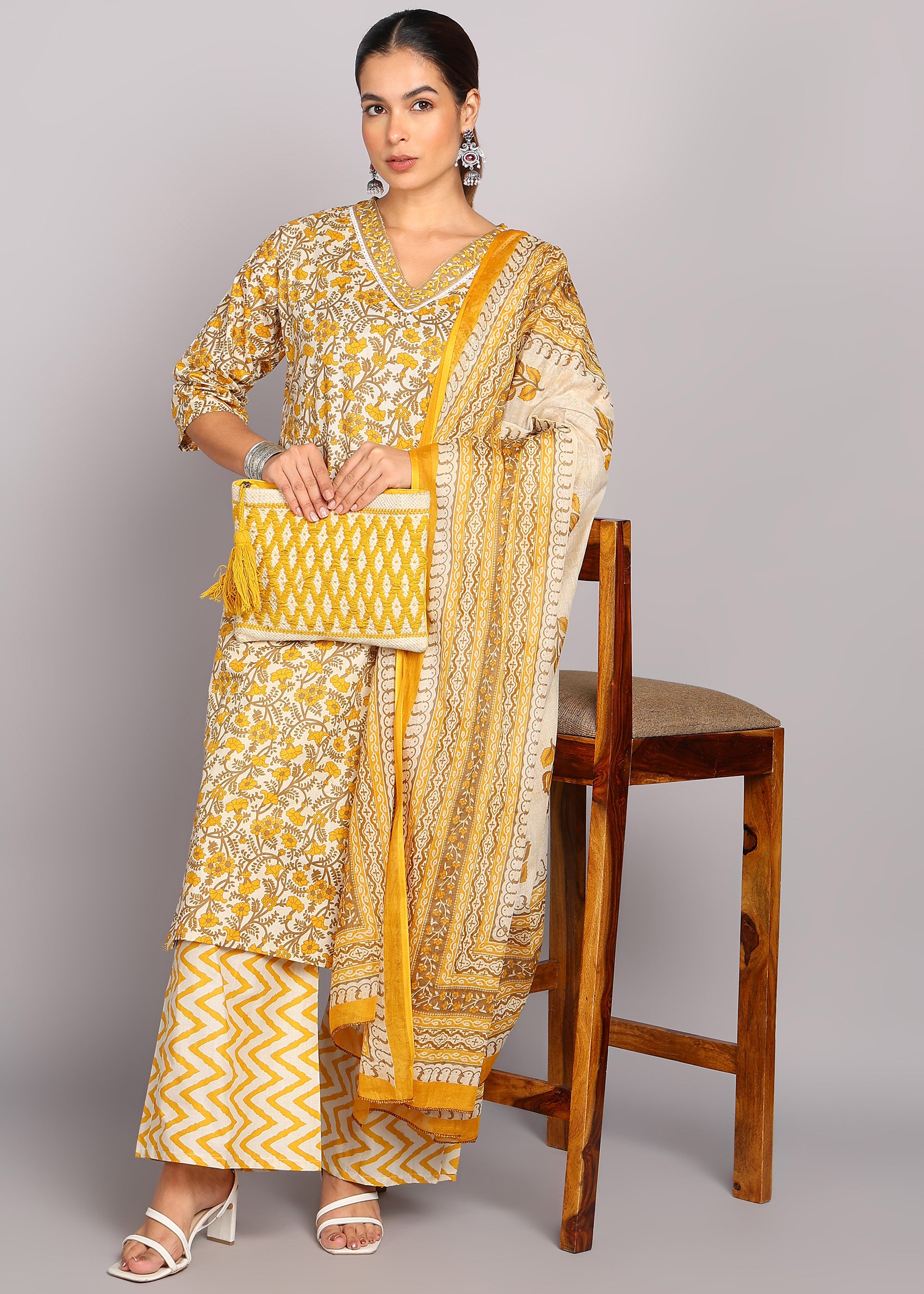 Mustard Floral Printed Kurta Set
