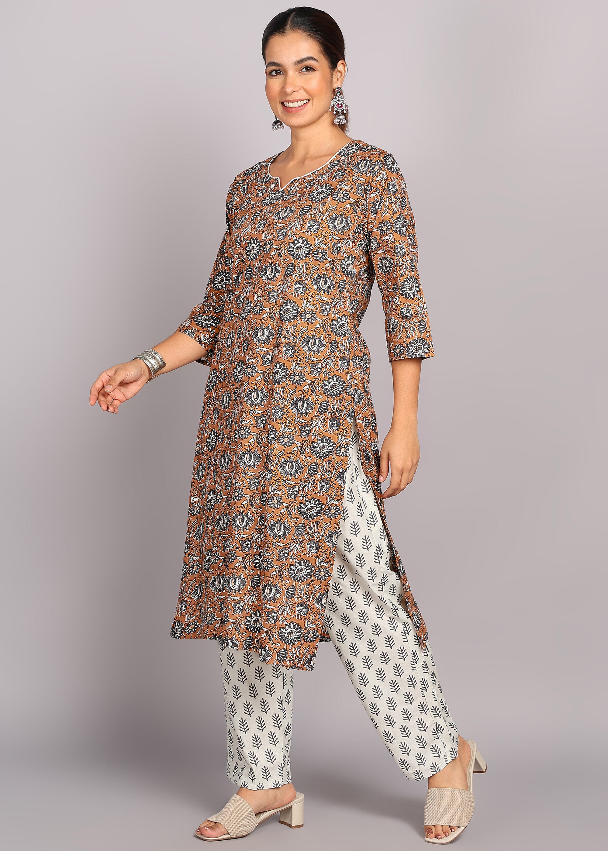 Brown Floral Printed Kurta Set