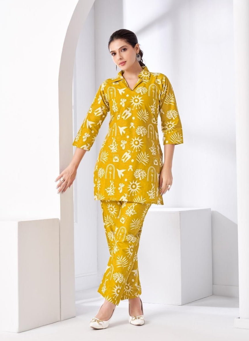 Mustard Yellow Abstract Printed Women Coord Set