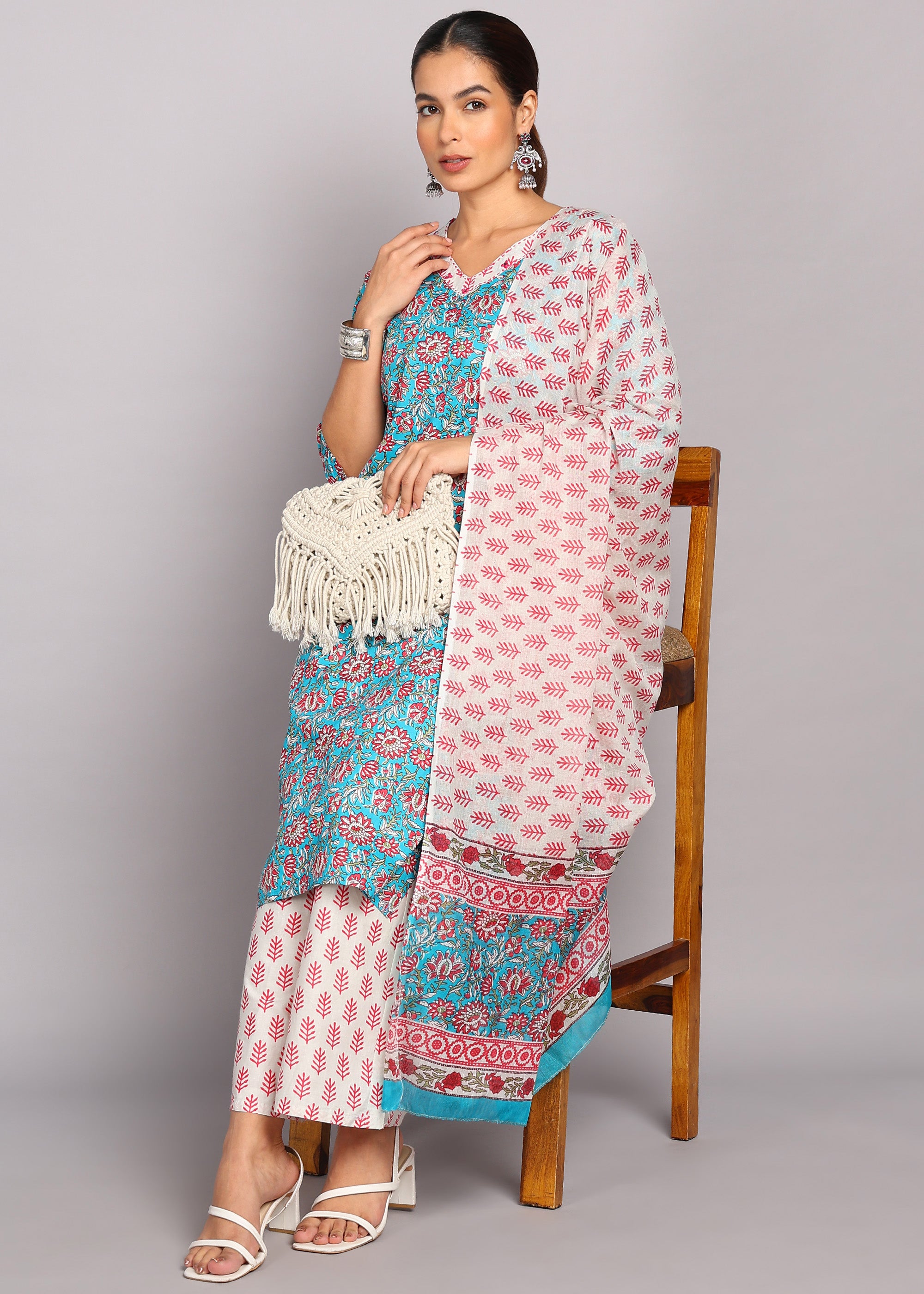 Sky Blue Floral Kurta Set