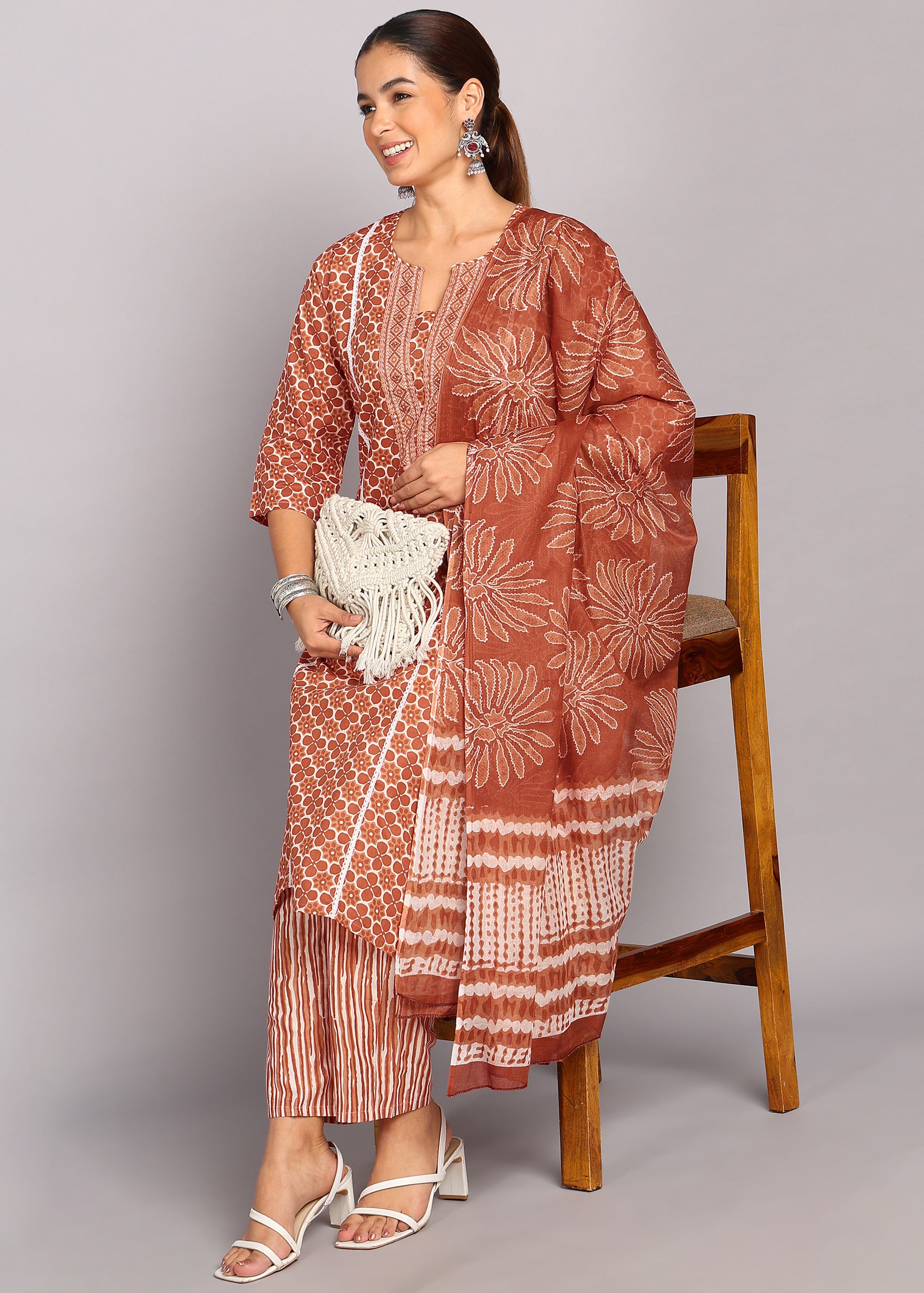 Brown Floral Printed Kurta Set