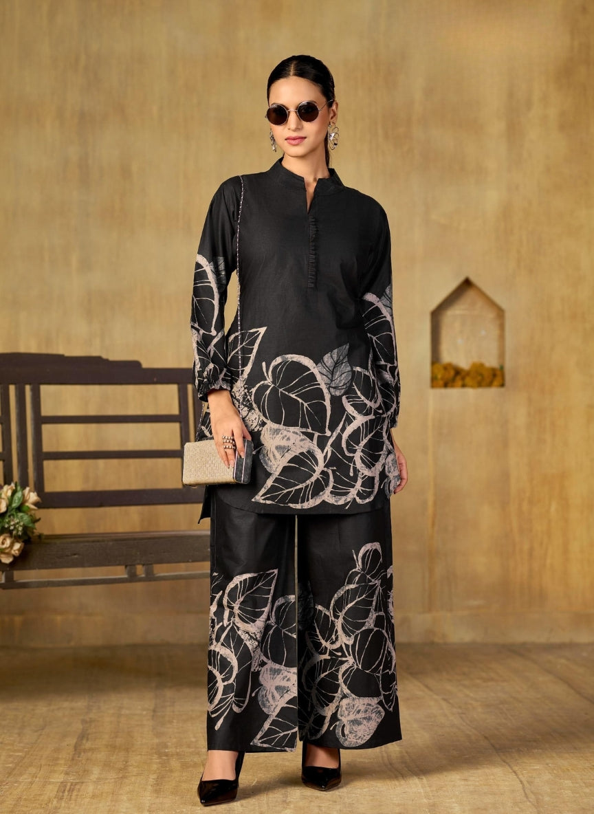 Black Abstract Floral Printed Coord Set