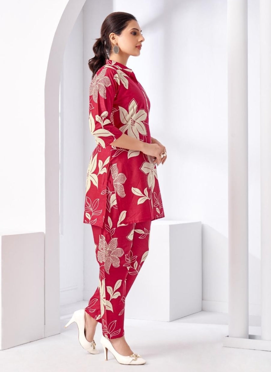 Red Floral Printed Coord Set