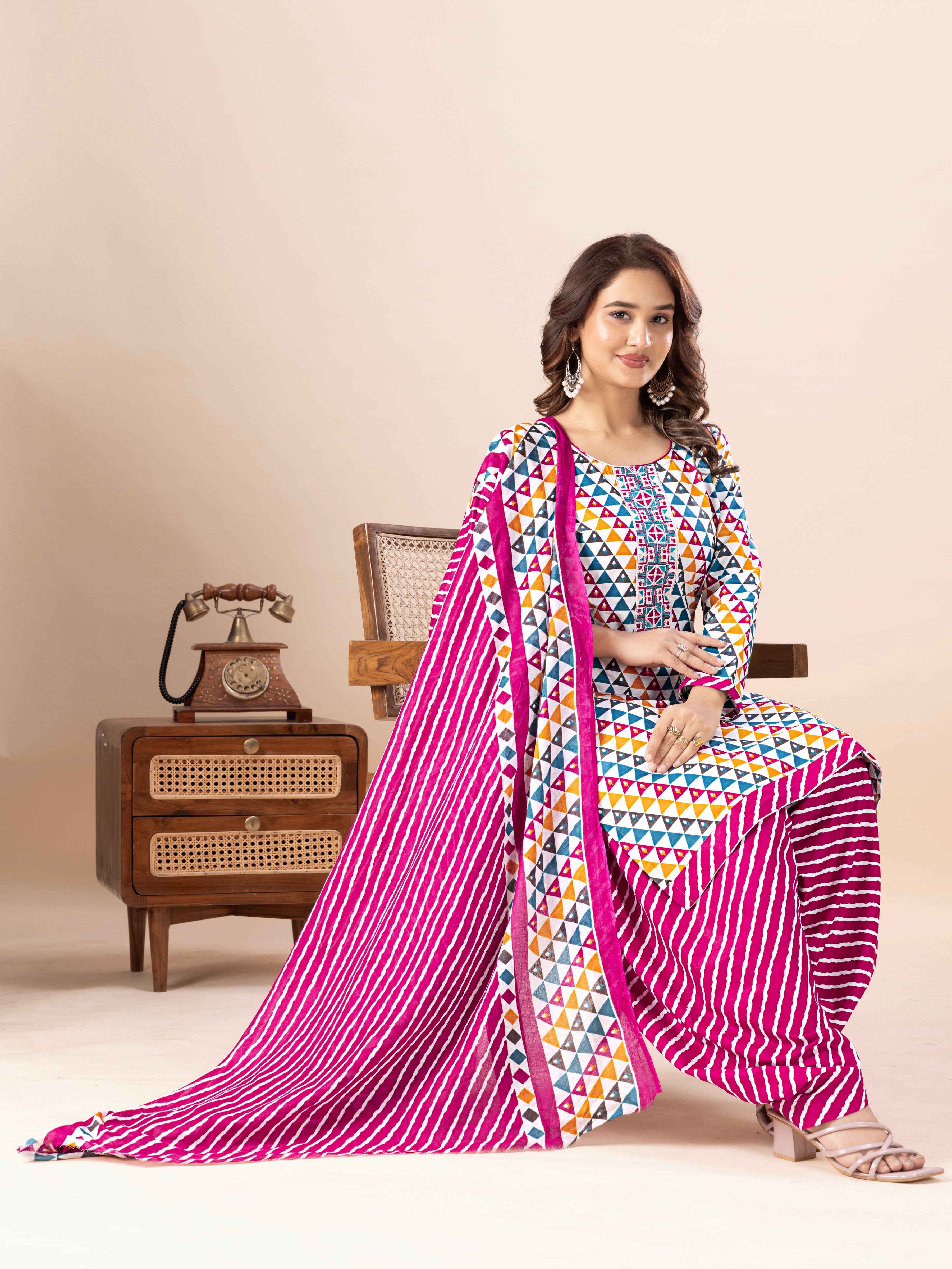 Multicolor Triangle Print Patiala Suit Set