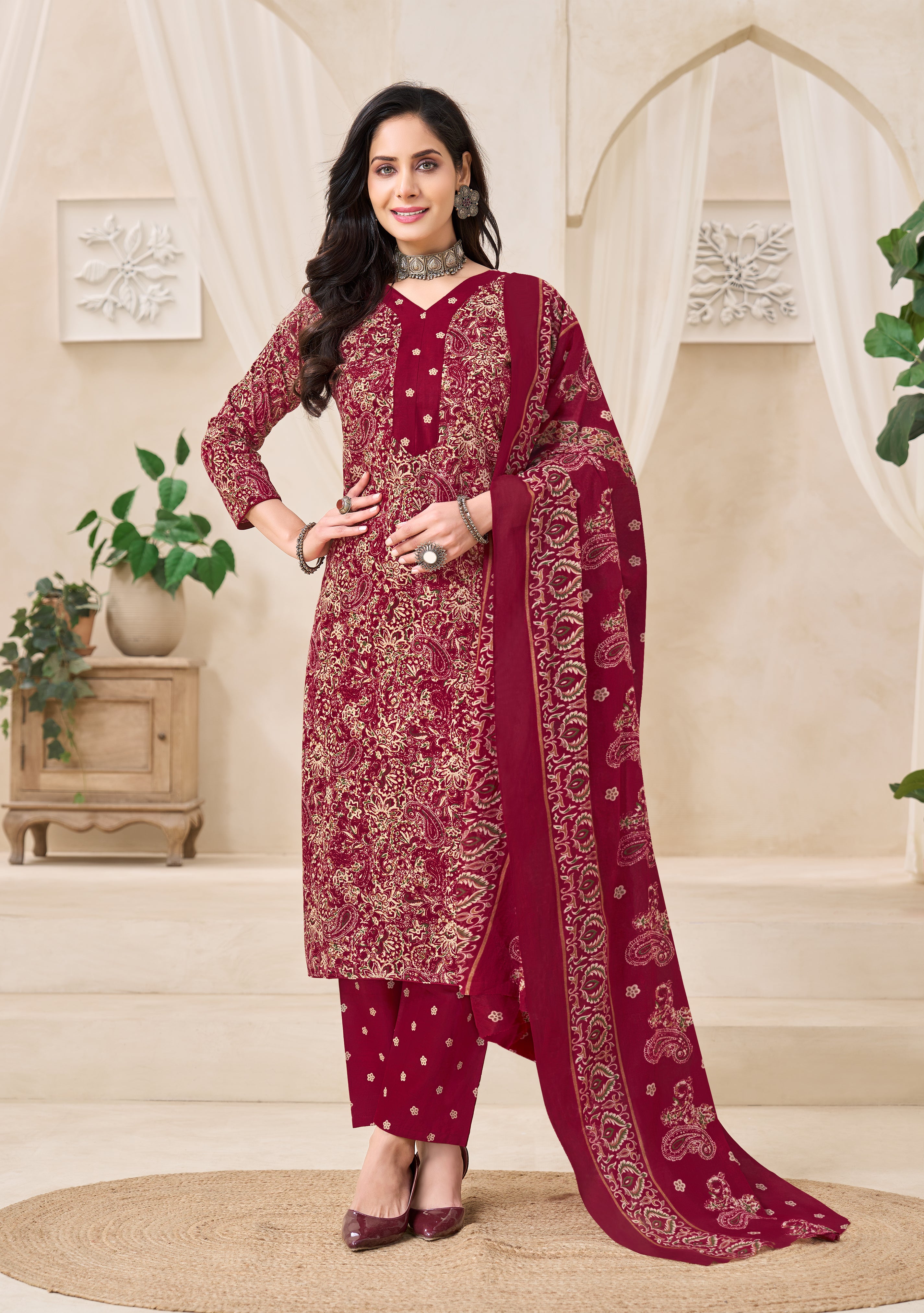 Maroon Ethnic Printed Kurta Set with Dupatta