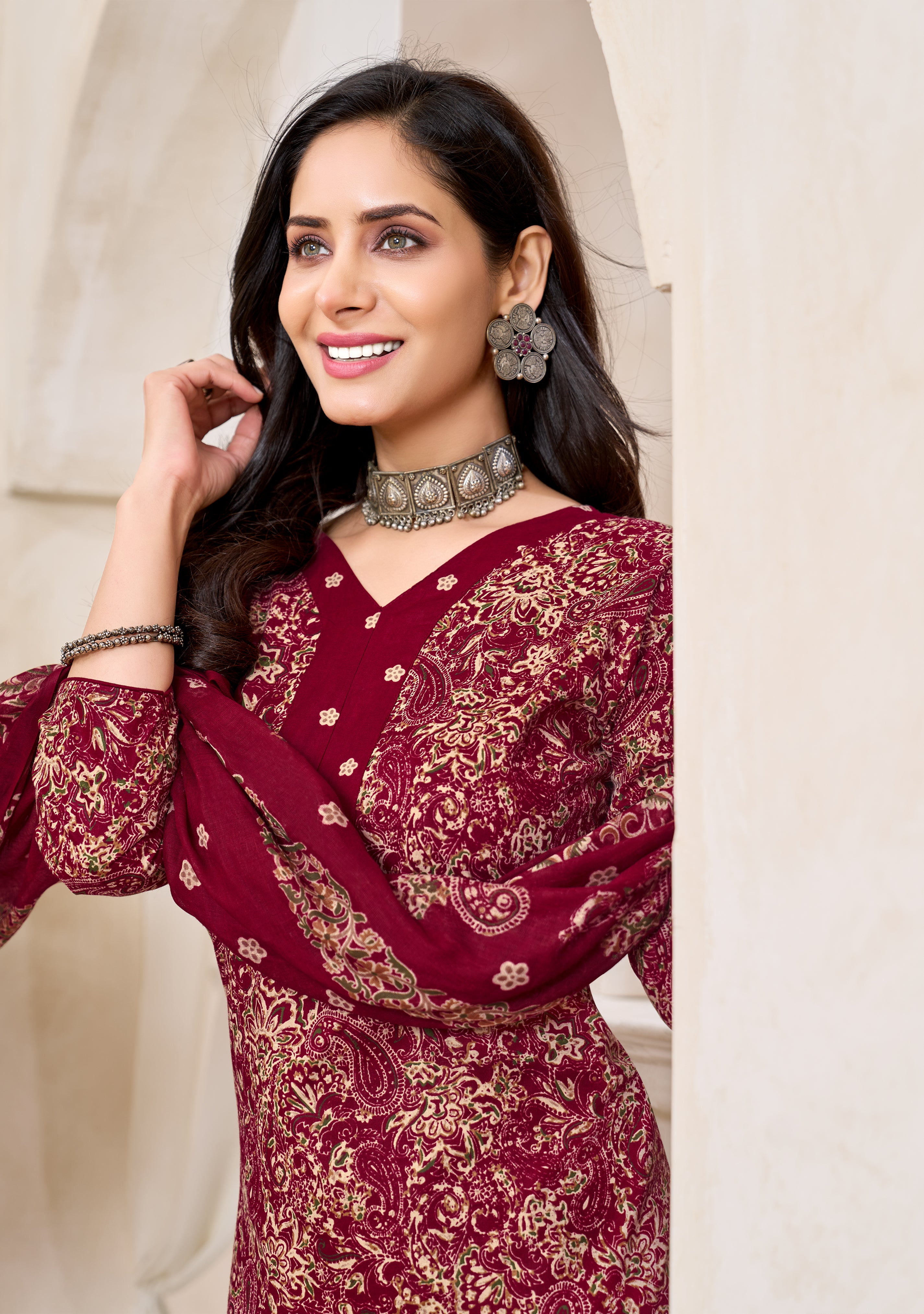 Maroon Ethnic Printed Kurta Set with Dupatta