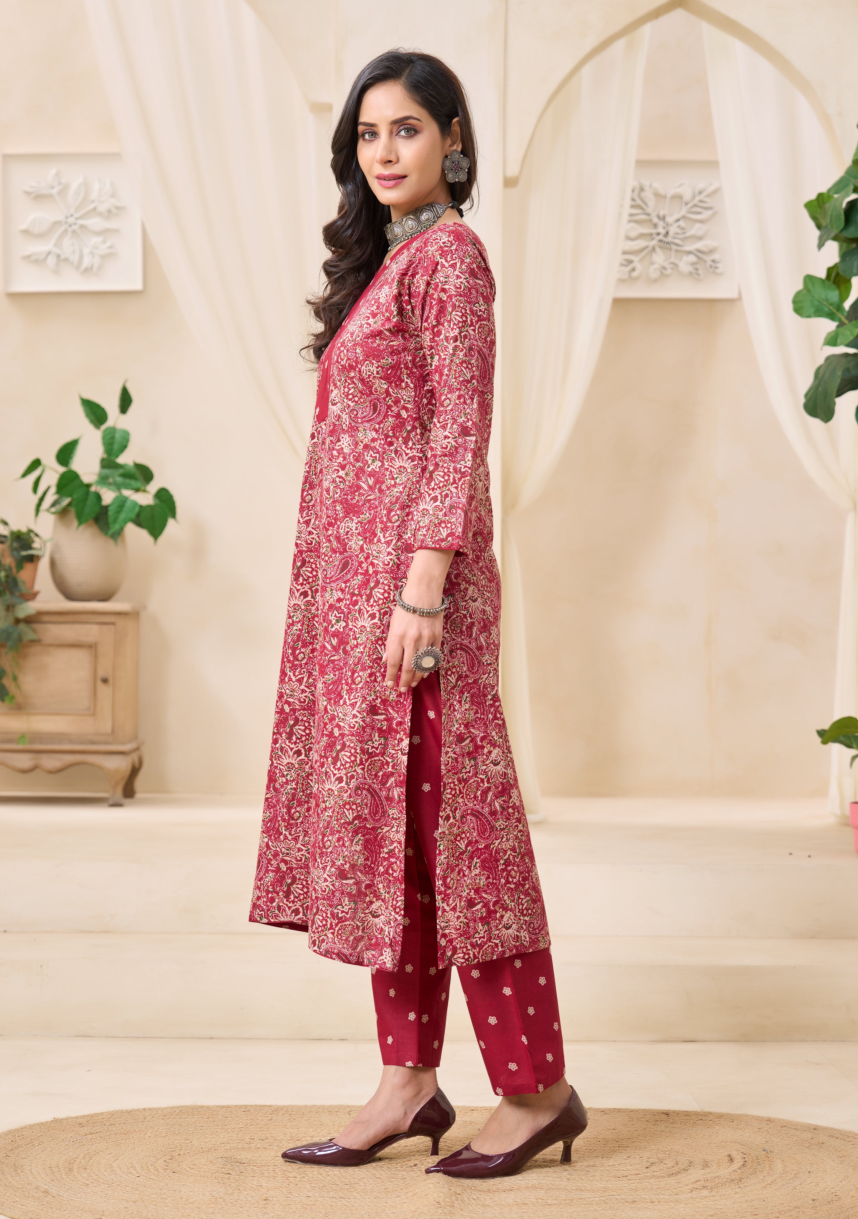 Maroon Ethnic Printed Kurta Set with Dupatta