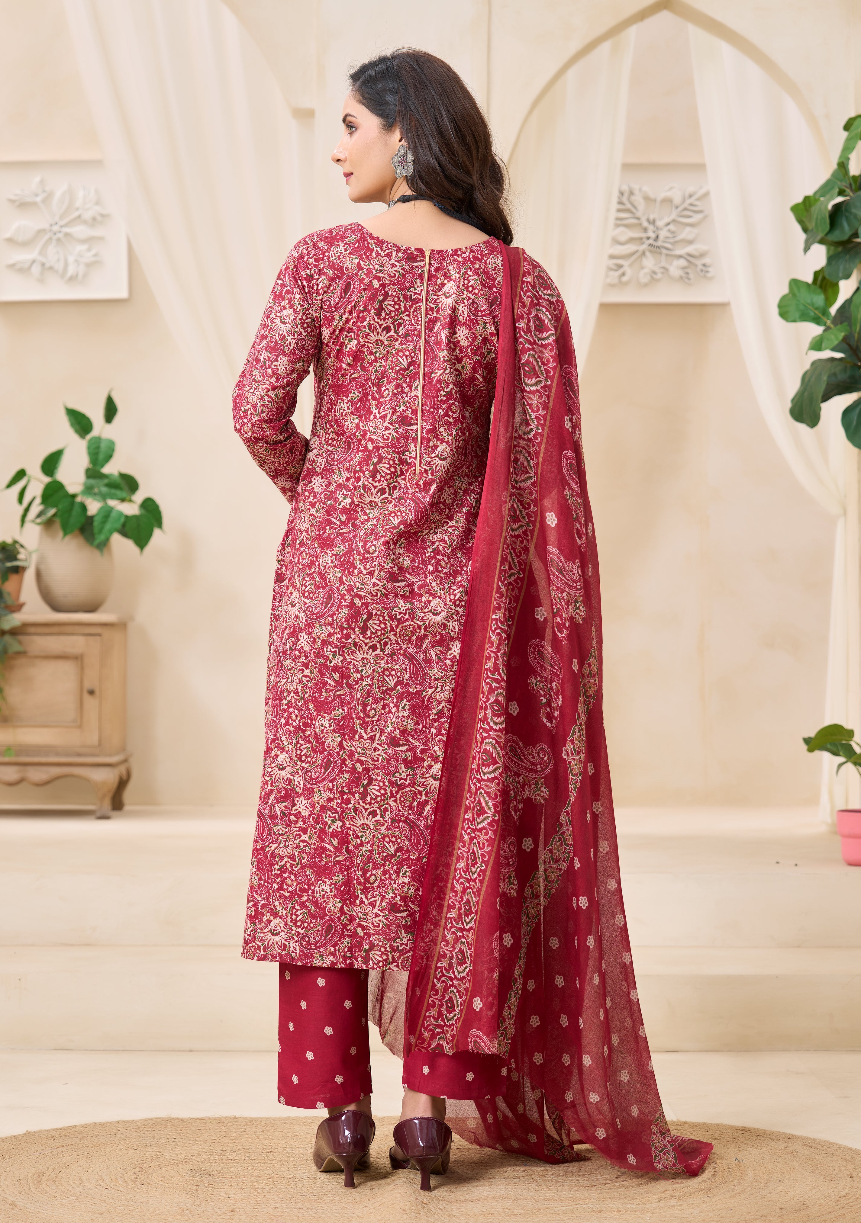 Maroon Ethnic Printed Kurta Set with Dupatta