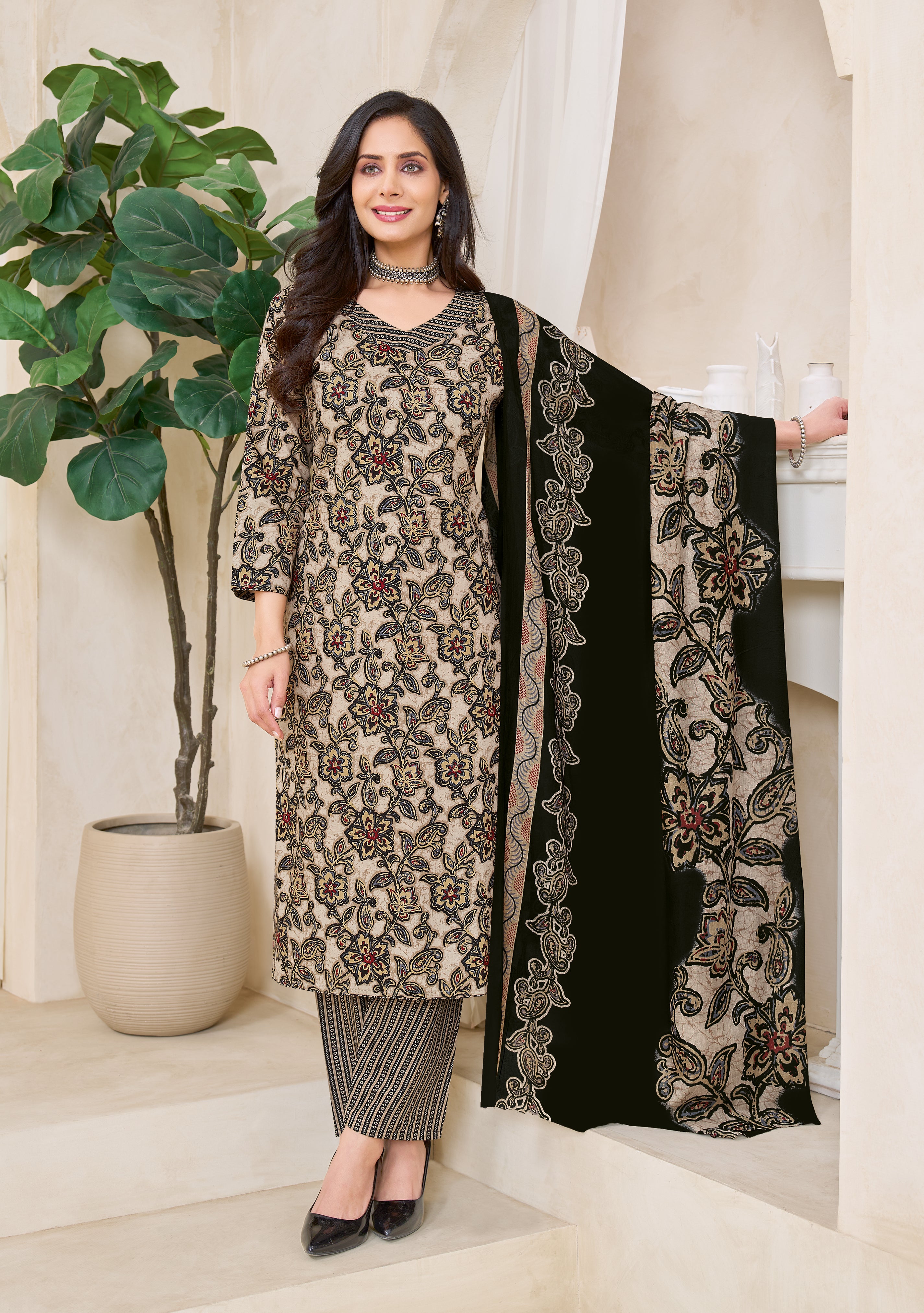 Beige Floral Printed Kurta Set with Dupatta