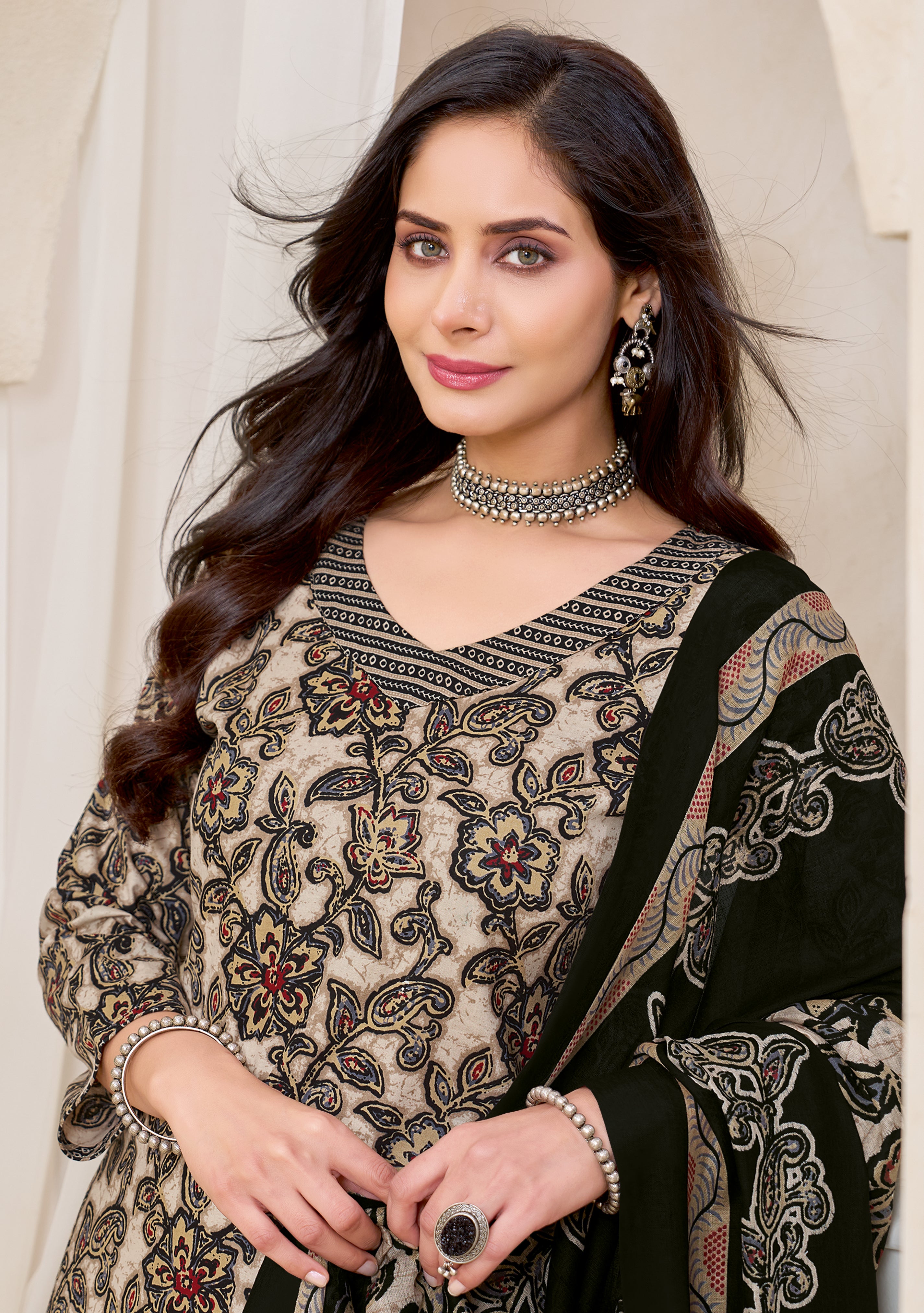 Beige Floral Printed Kurta Set with Dupatta